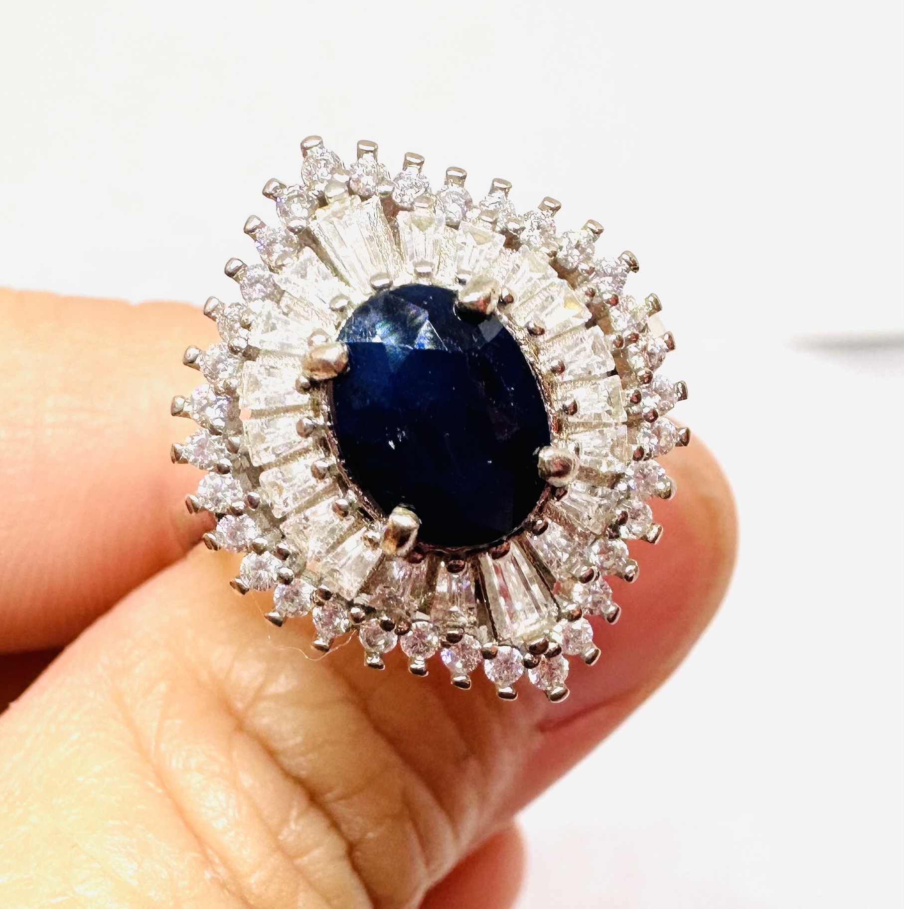 Marquise Cut Blue Sapphire Ring in 925 Sterling Silver, White Gold Plated Premium Halo Statement Ring for Women 