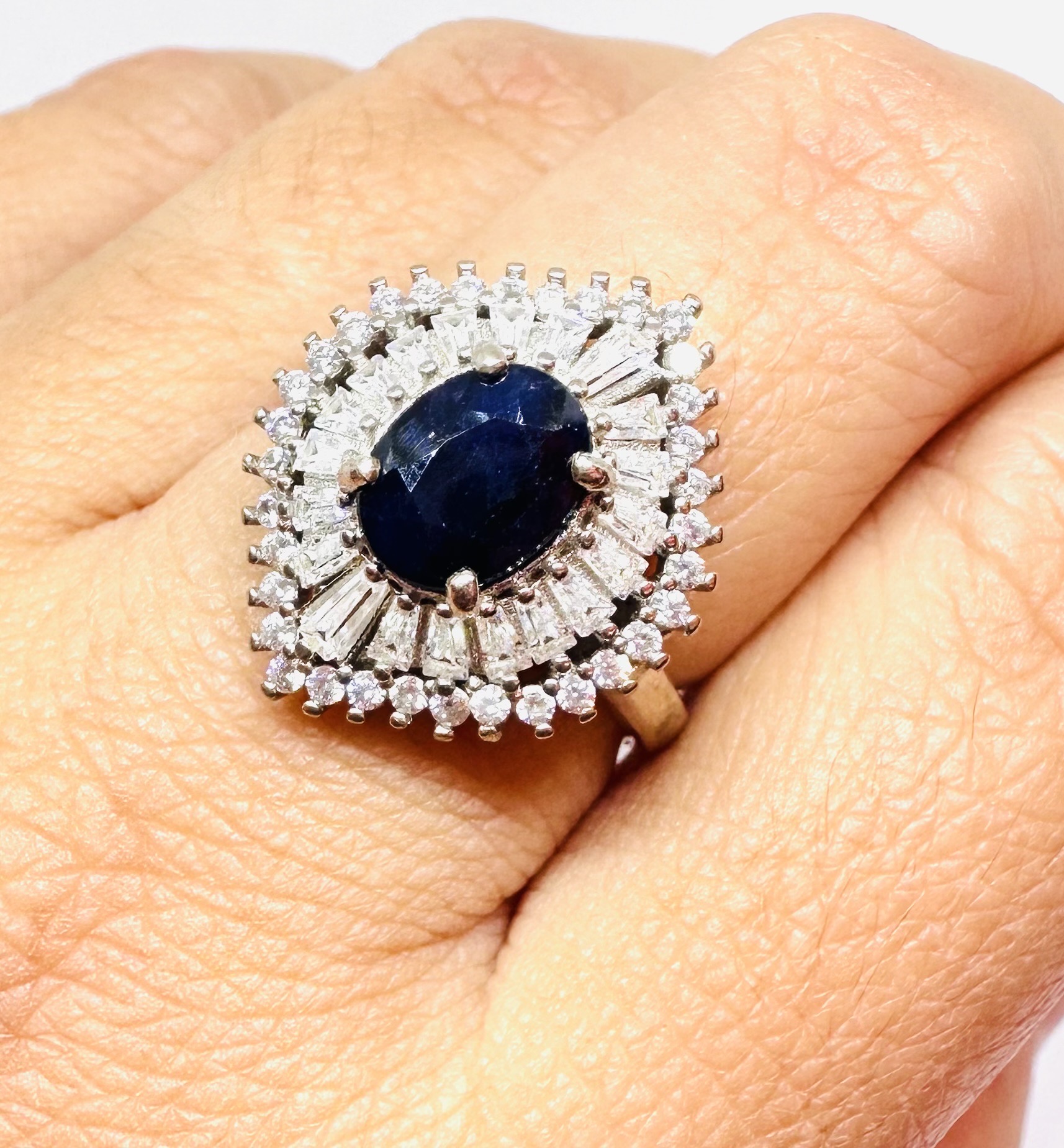 Marquesa Cut Blue zafiro anillo en 925 plata de ley, chapado en oro blanco Premium Halo Statement anillo for Women 3
