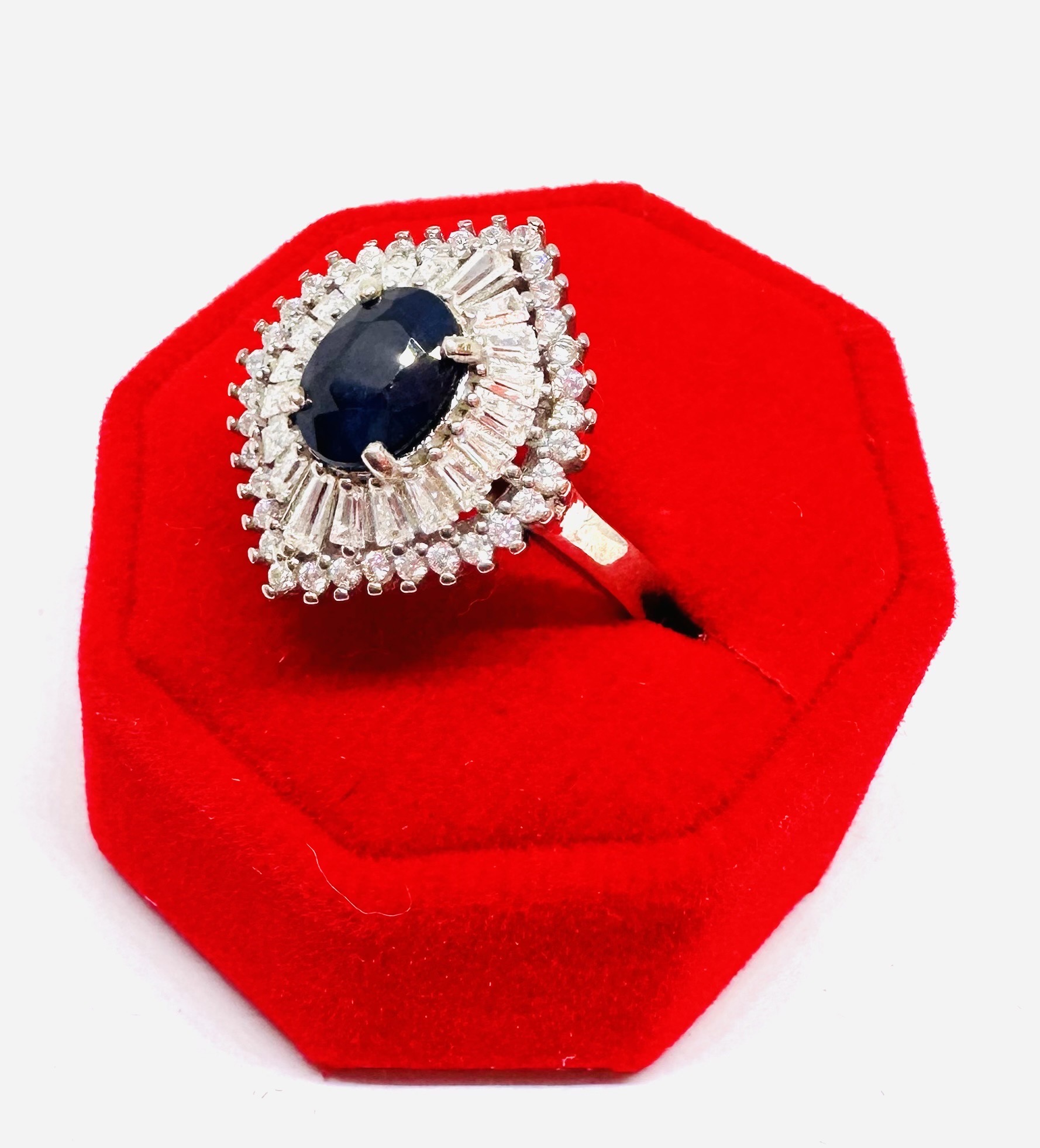 Marquesa Cut Blue zafiro anillo en 925 plata de ley, chapado en oro blanco Premium Halo Statement anillo for Women 5