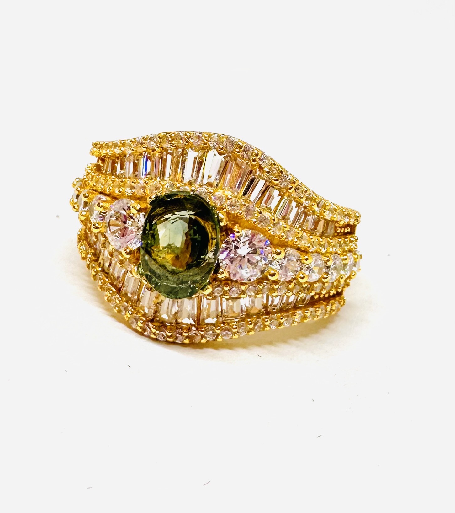 925 Silver Gold Plated Green Stone Ring 2