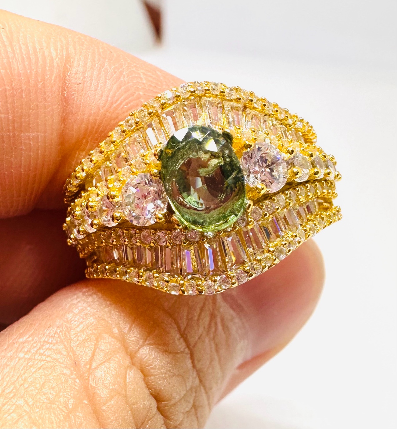 925 Silver Gold Plated Green Stone Ring