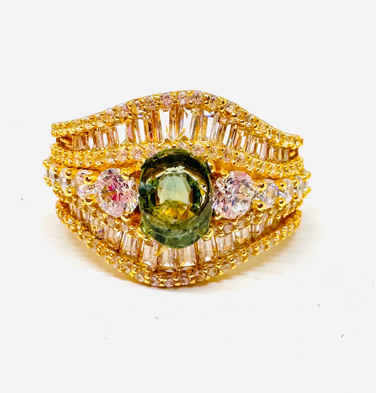 925 Silver Gold Plated Green Stone Ring 3