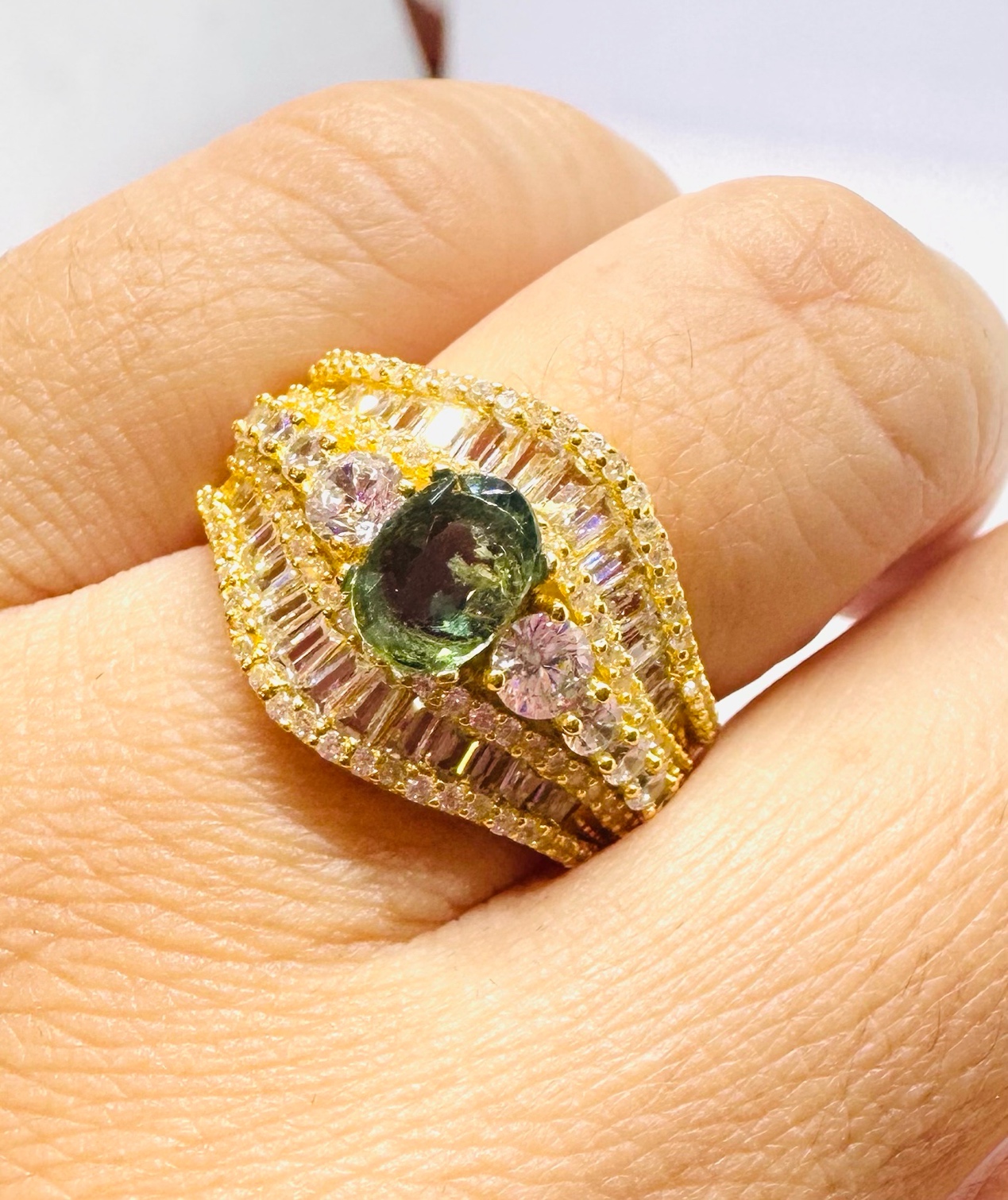 925 Silver Gold Plated Green Stone Ring 5