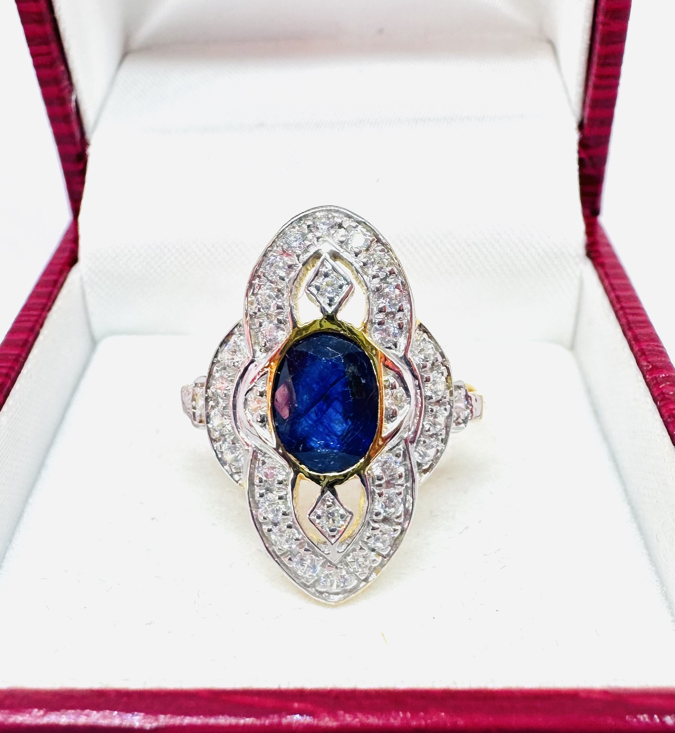 9K Gold Vintage Marquise Natural Sapphire Ring with White Zircon Halo