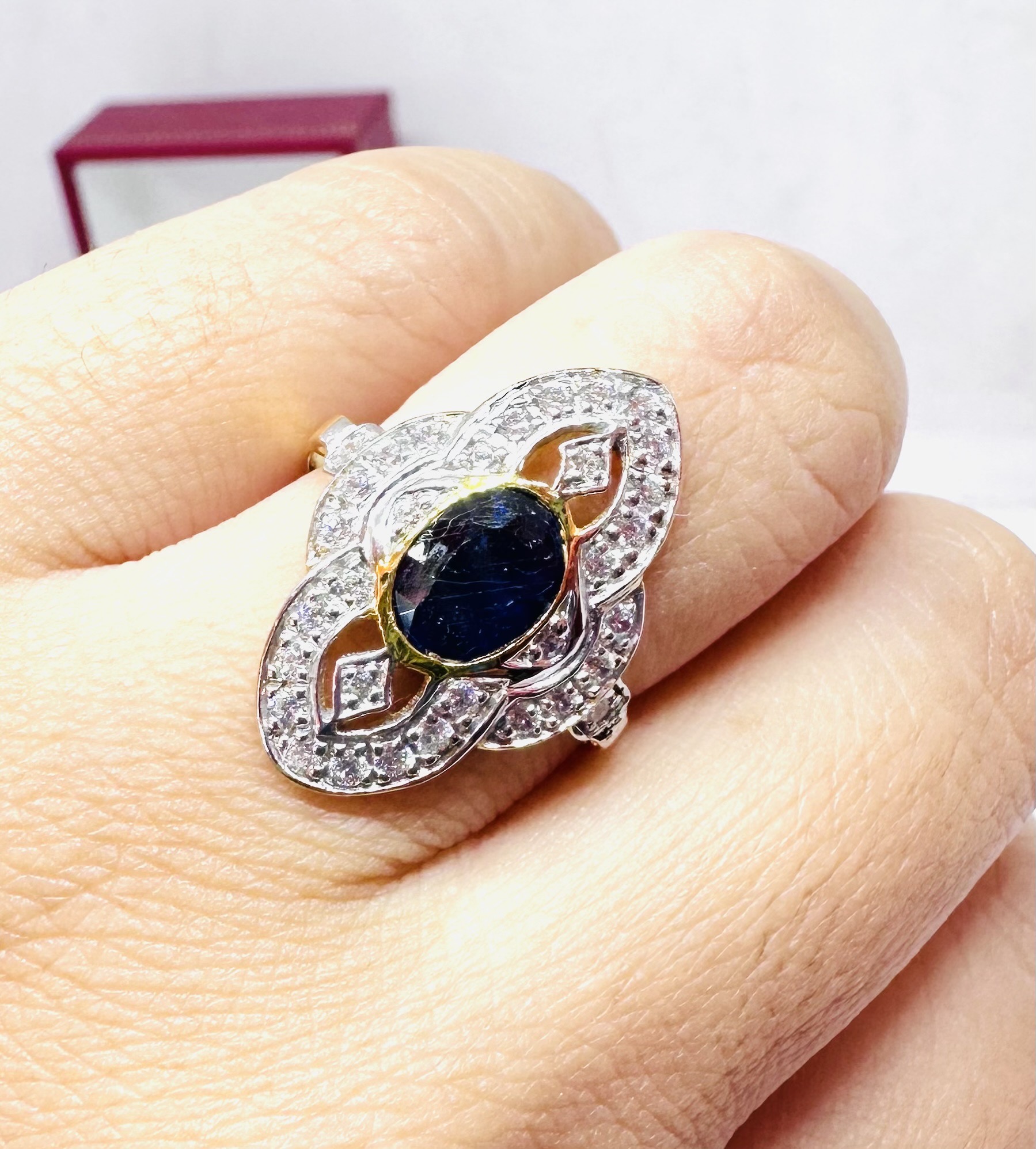 9K Gold Vintage Marquise Natural Sapphire Ring with White Zircon Halo 2