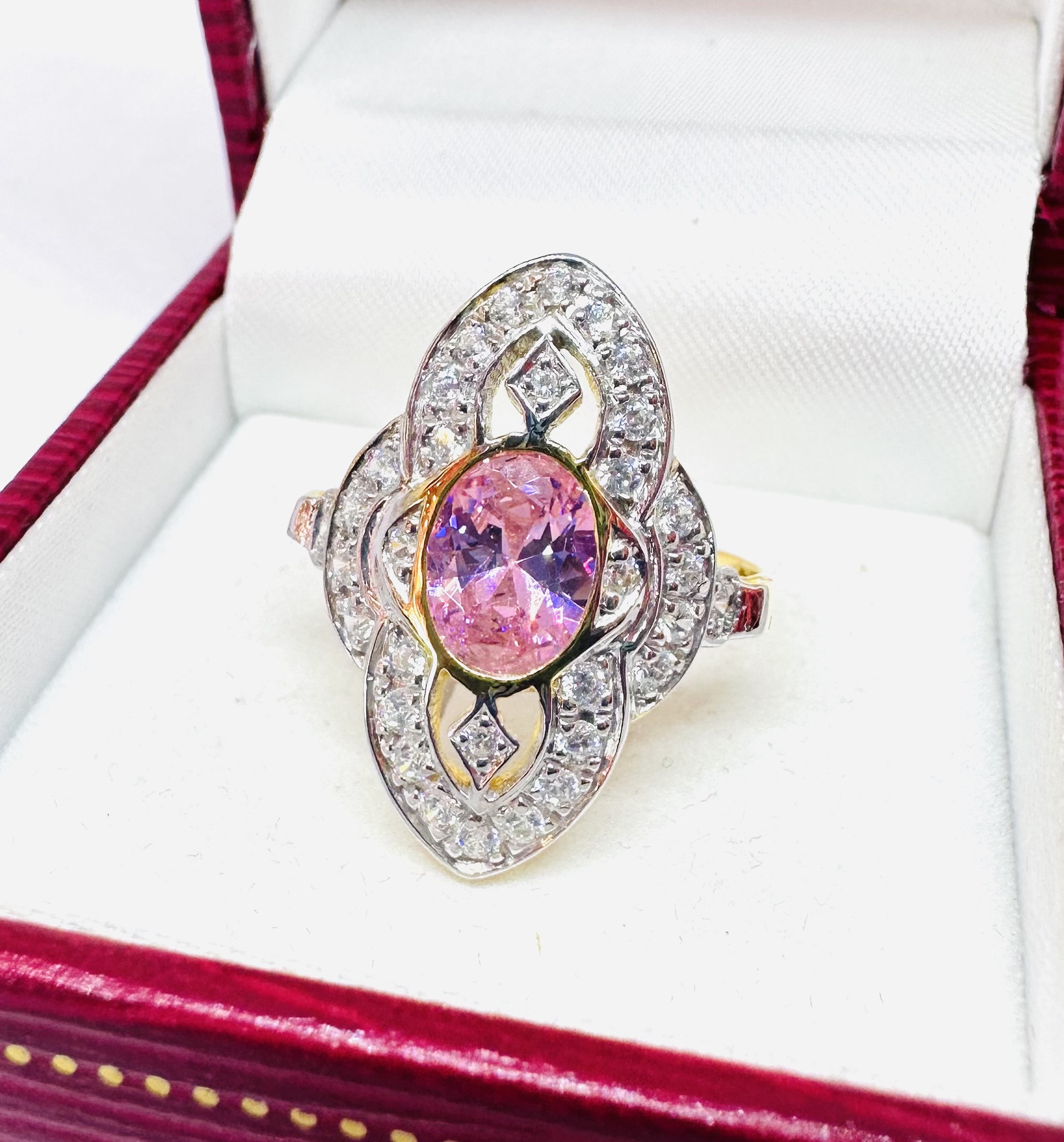 9K Gold Vintage Marquise Pink Topaz Ring with White Zircon Halo