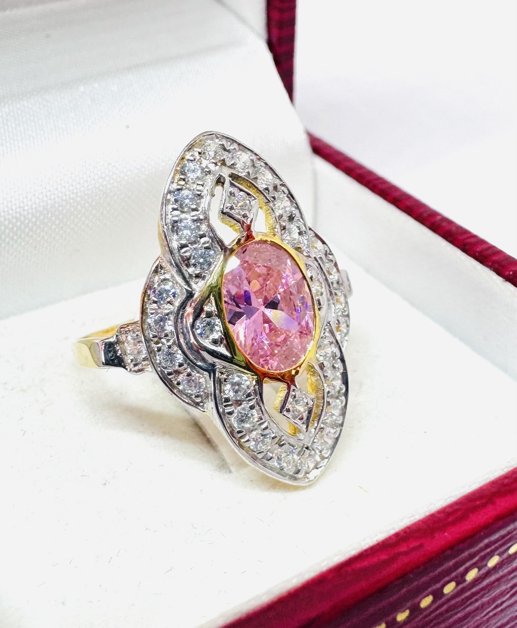 9K Gold Vintage Marquise Pink Topaz Ring with White Zircon Halo 2