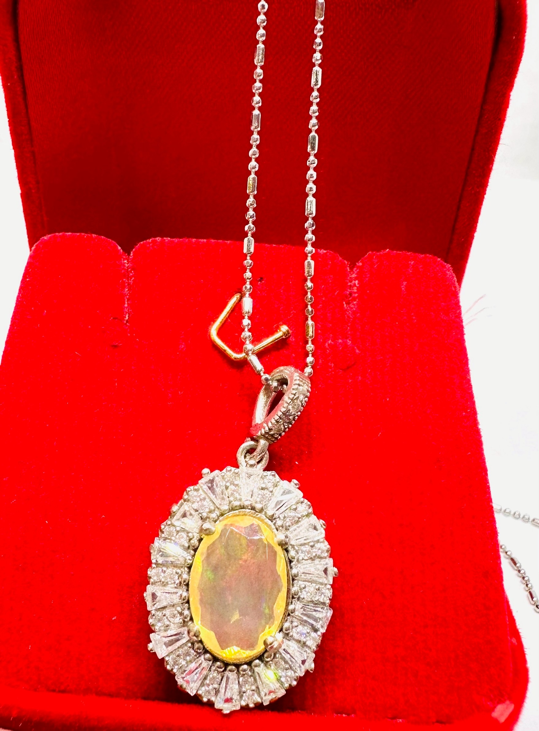 925 Silver Opal Pendant Necklace with Swiss Diamond Halo 2