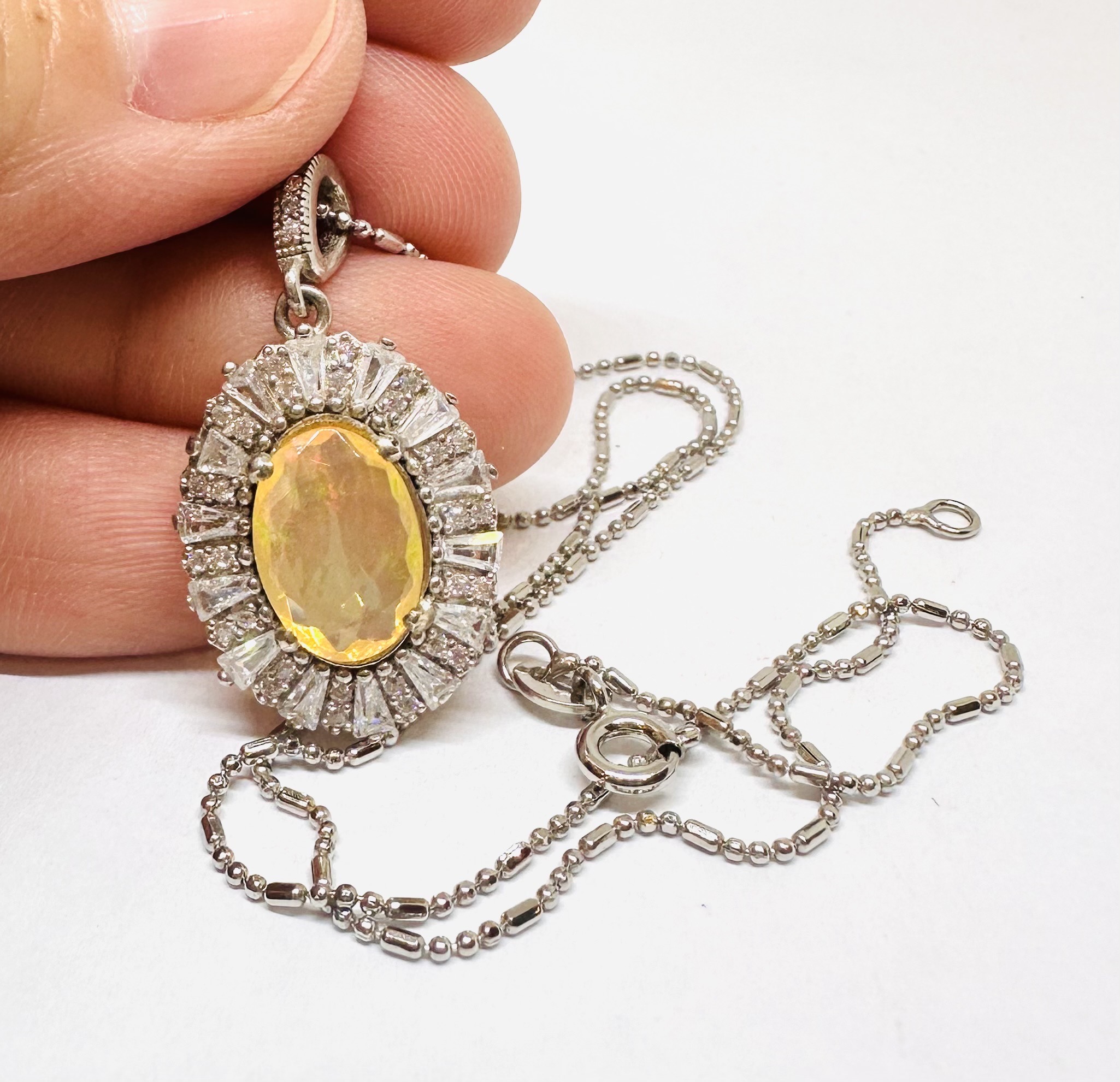 925 Silver Opal Pendant Necklace with Swiss Diamond Halo