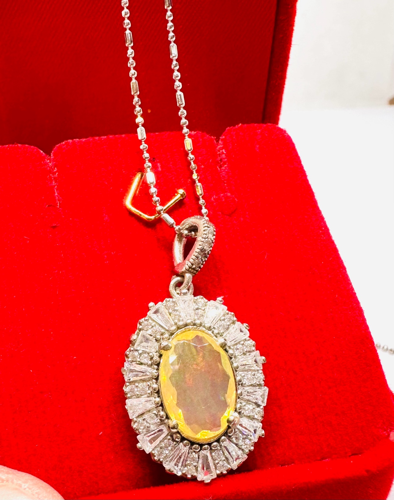 925 Silver Opal Pendant Necklace with Swiss Diamond Halo 4