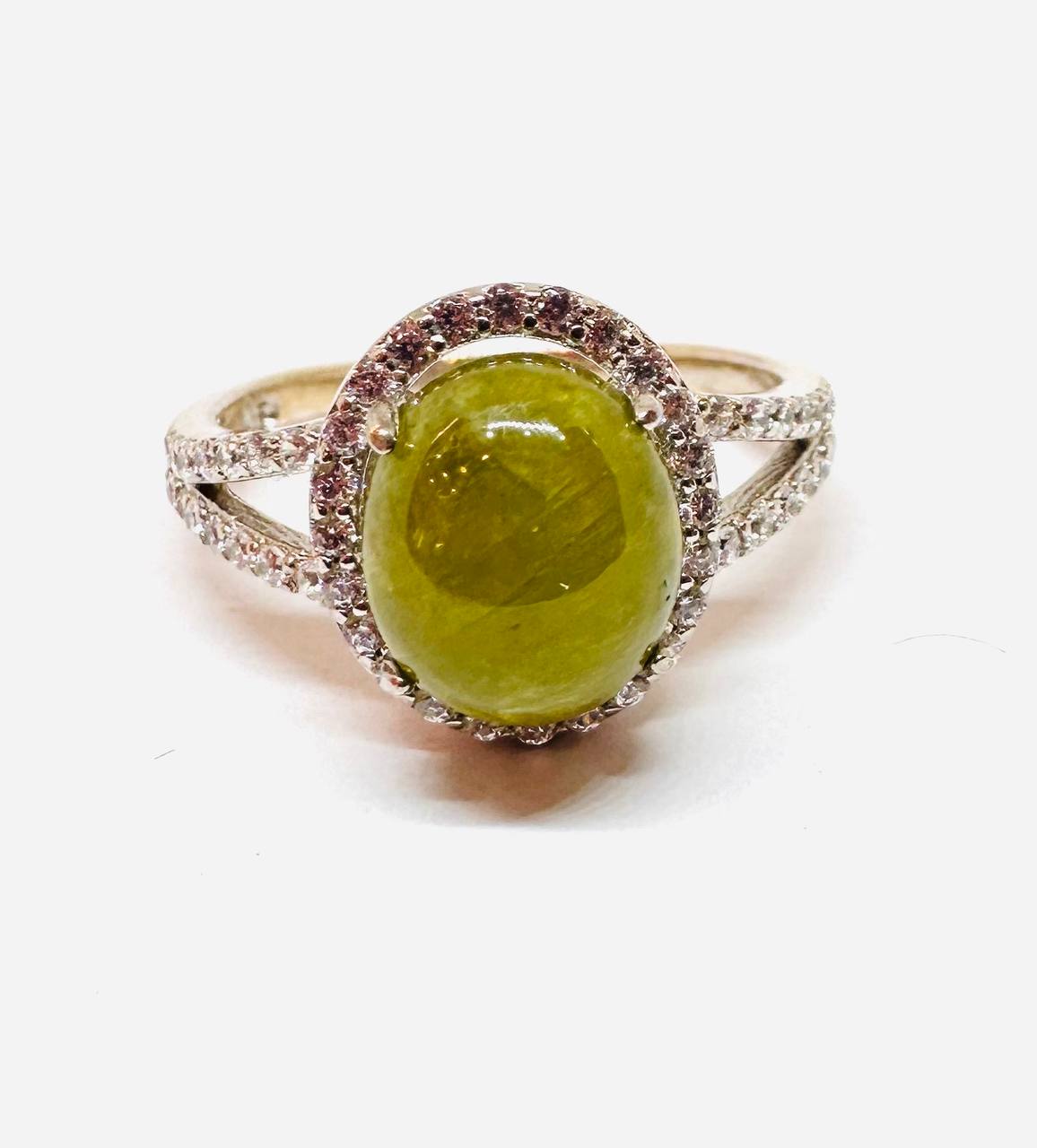 925 Silver Natural Green Stone with Swiss Diamonds Ring — Handcrafted Vintage Style
