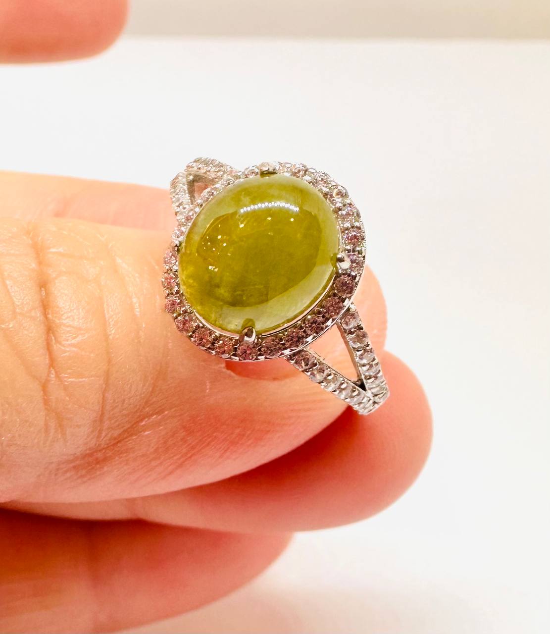925 Silver Natural Green Stone with Swiss Diamonds Ring — Handcrafted Vintage Style 2