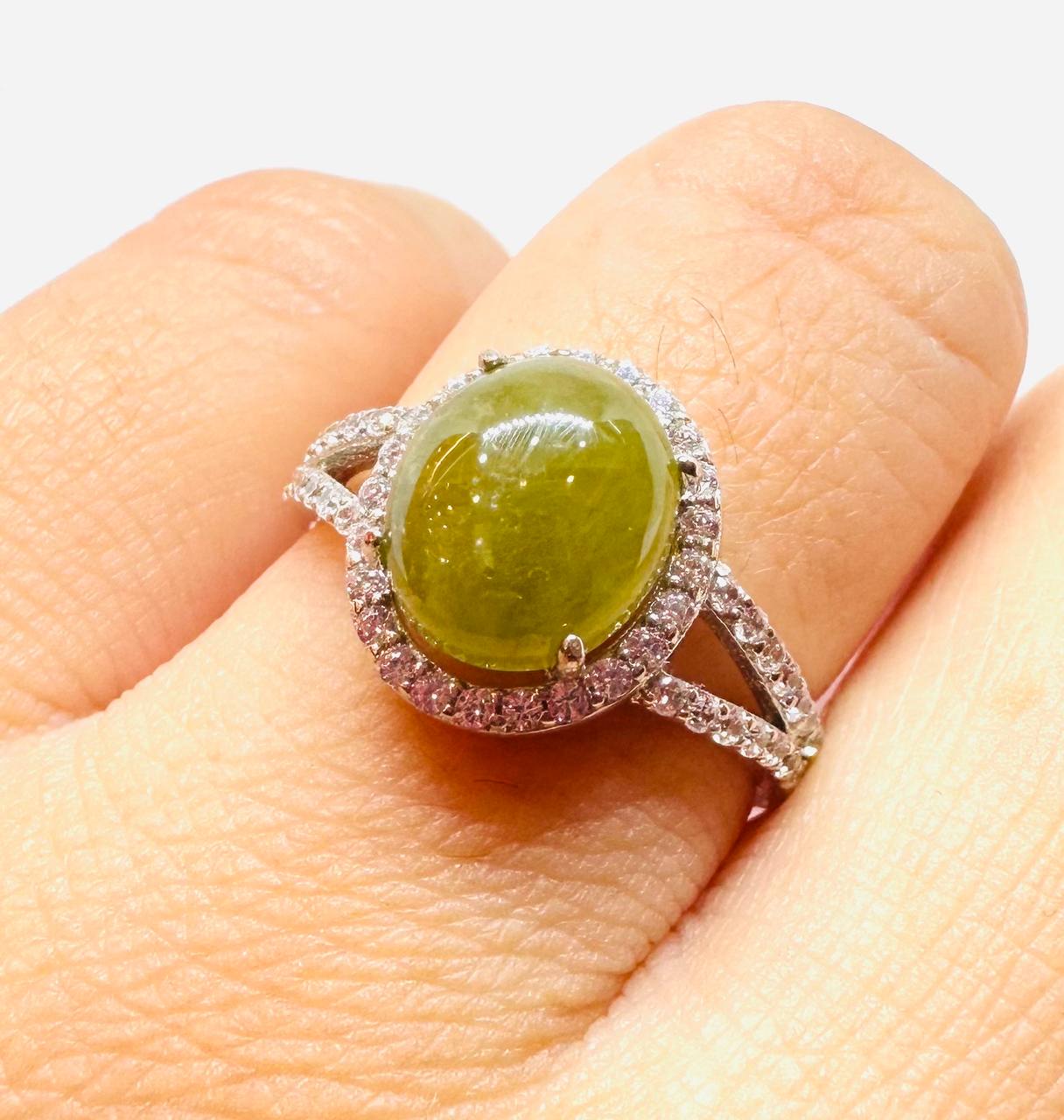 925 Silver Natural Green Stone with Swiss Diamonds Ring — Handcrafted Vintage Style 3