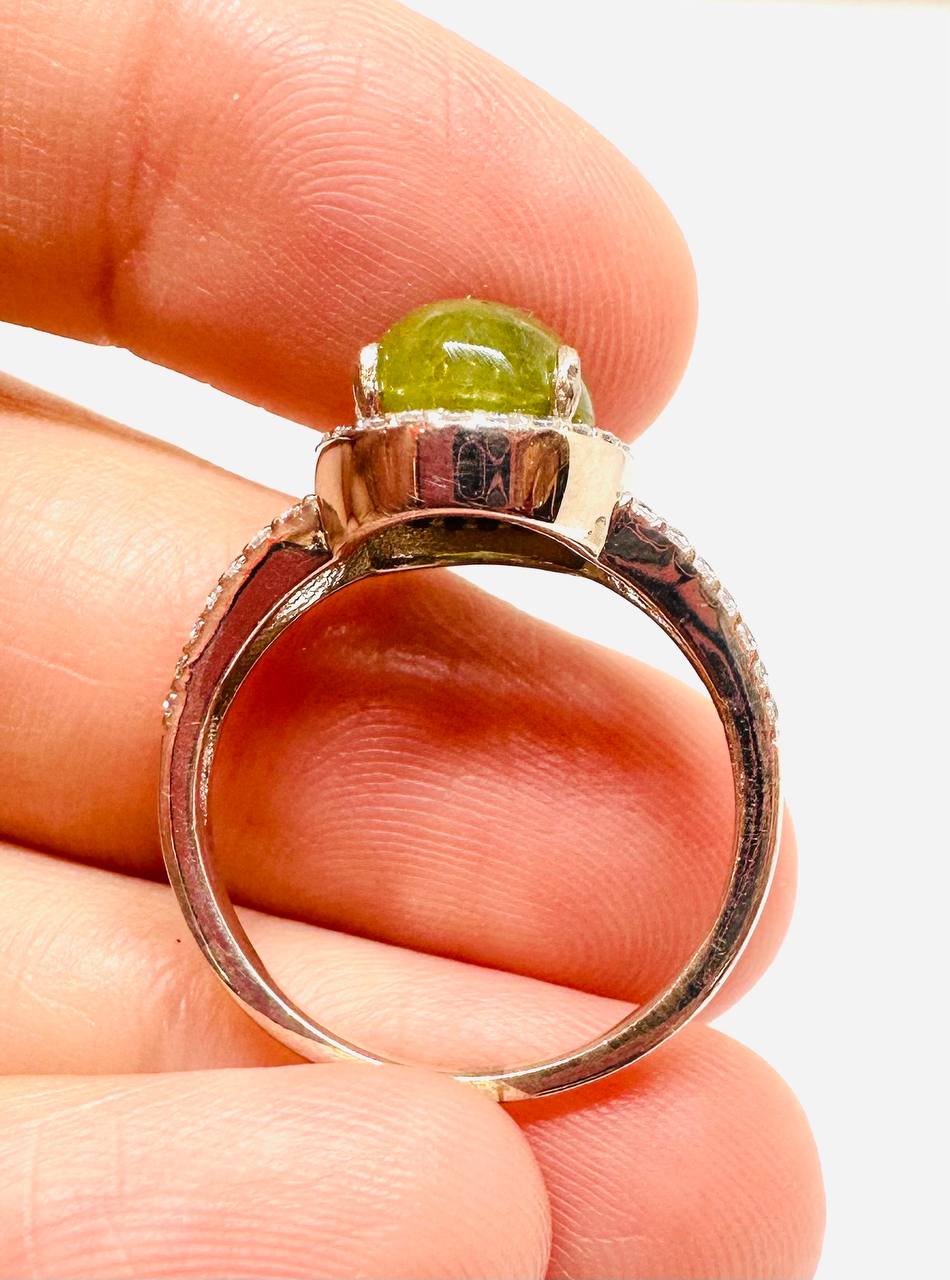 925 Silver Natural Green Stone with Swiss Diamonds Ring — Handcrafted Vintage Style 4
