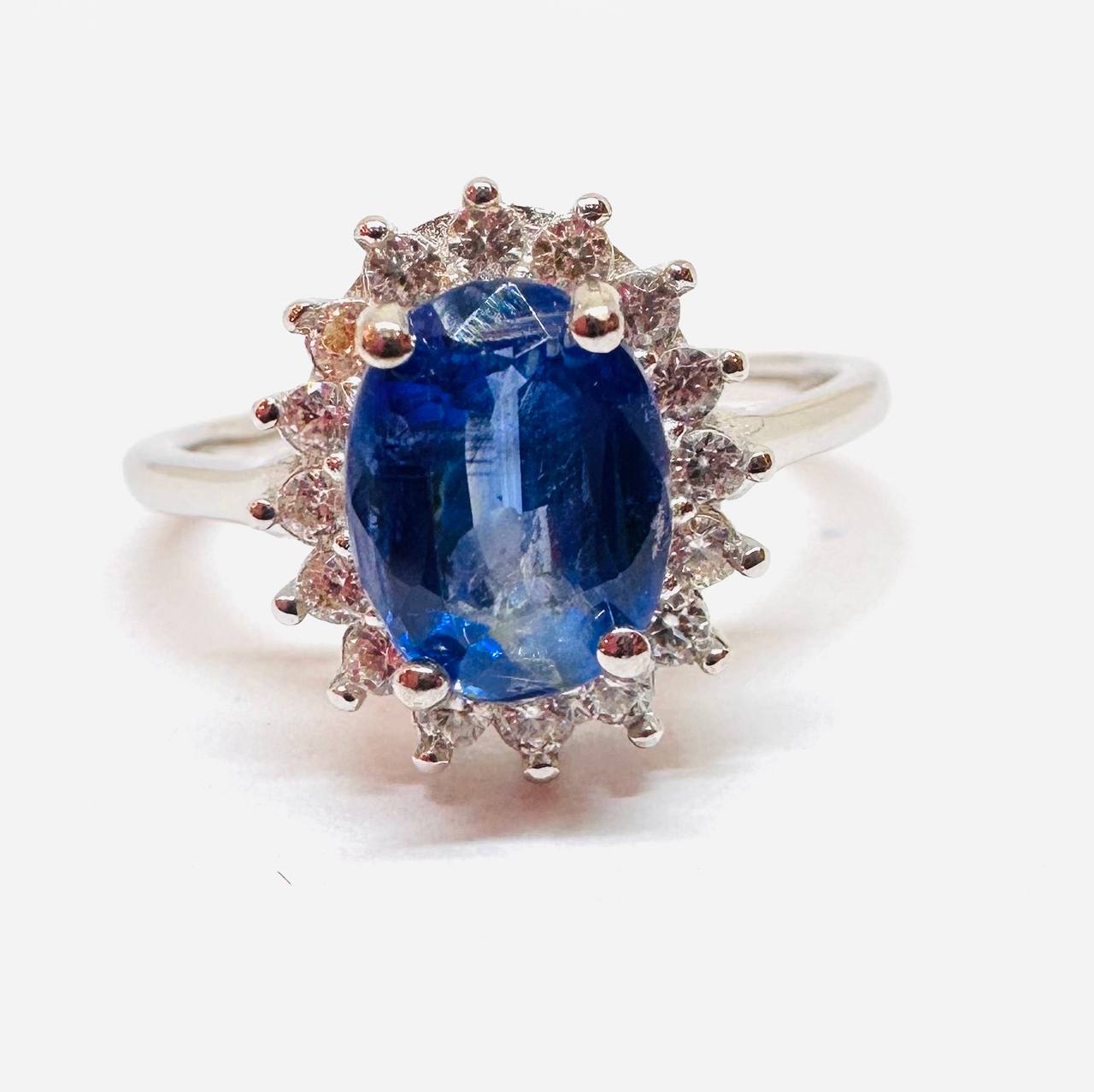 925 Silver Natural Sapphire with Swiss Diamonds Ring — Handcrafted Vintage Style