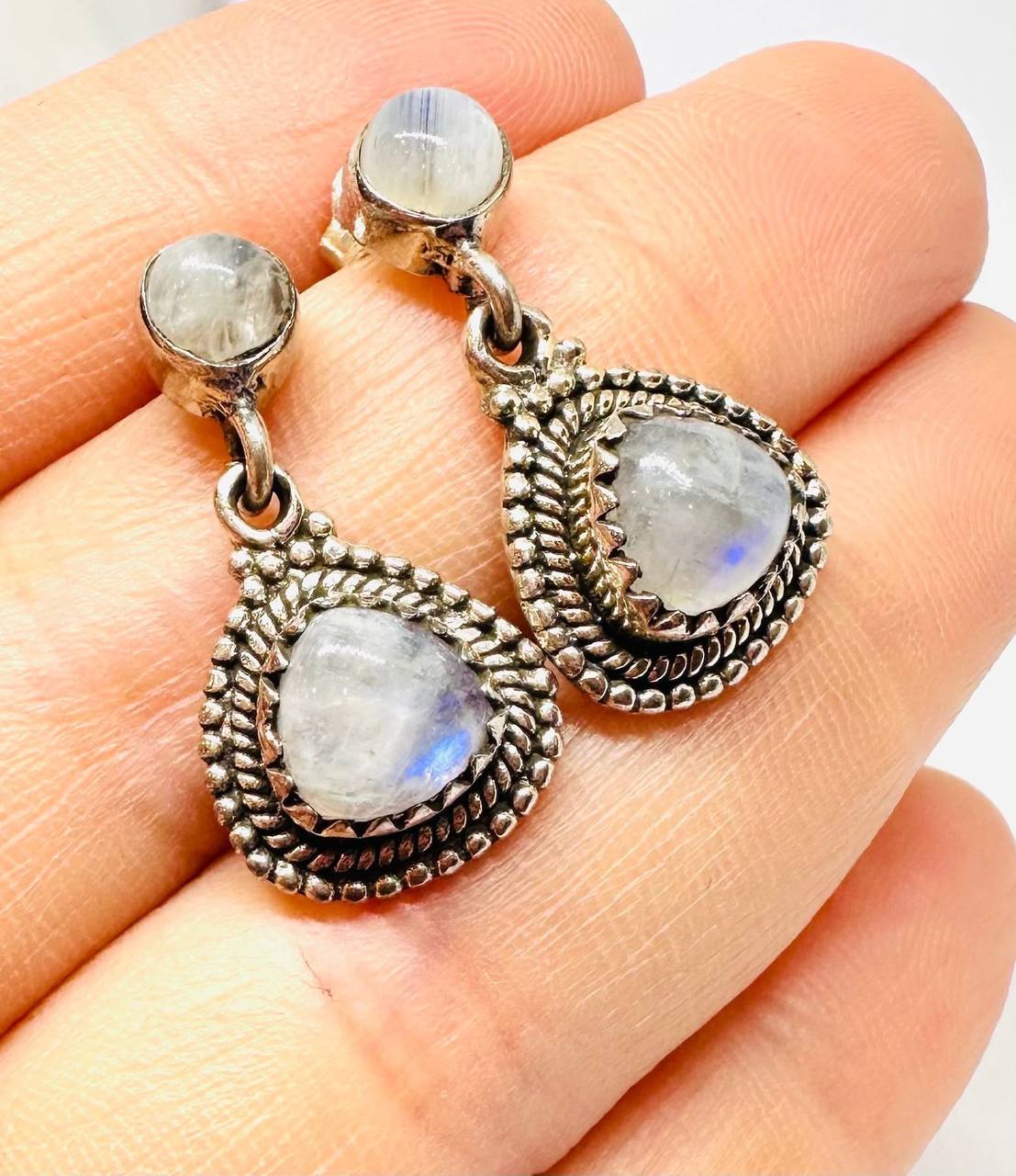 925 Silver Natural Moonstone Drop Earrings — Handcrafted