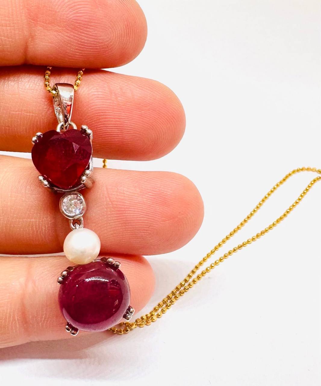 925 Silver Natural Ruby with Swiss Diamonds Pendant Necklace — Handcrafted Italy Chain