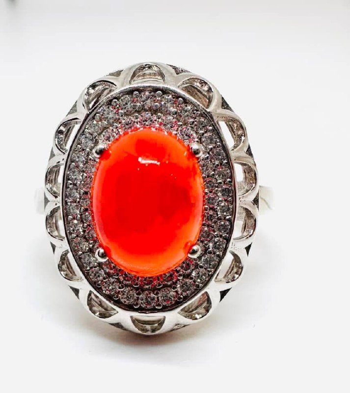 925 Sterling Silver, Gold Plated Natural Fire Opal Ring with Swiss Diamonds — Handcrafted Premium