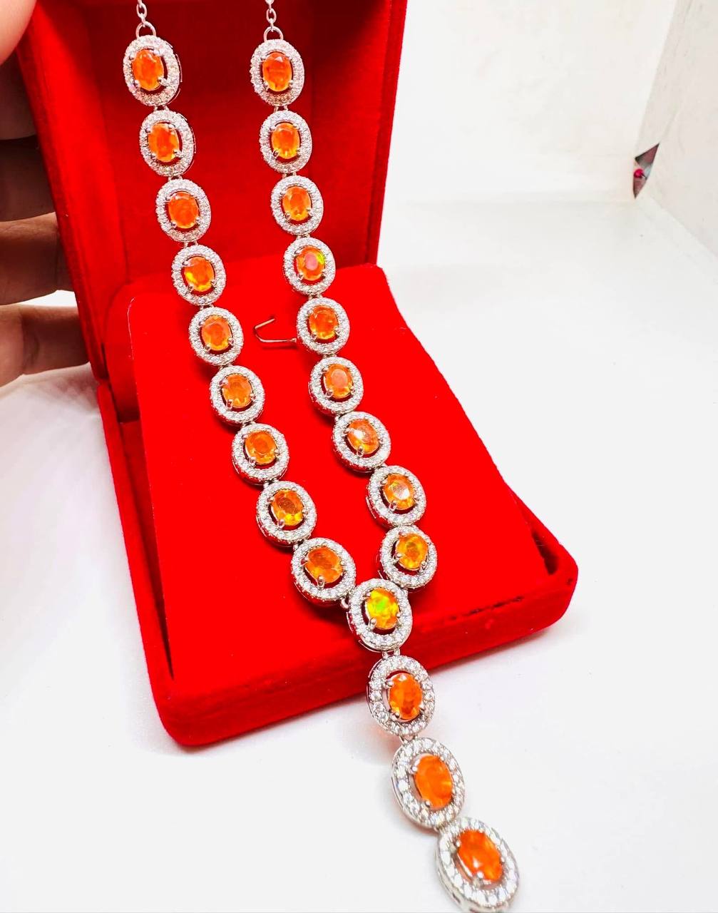 925 Sterling Silver, White Gold Plated Natural Fire Opal Pendant — Handcrafted
