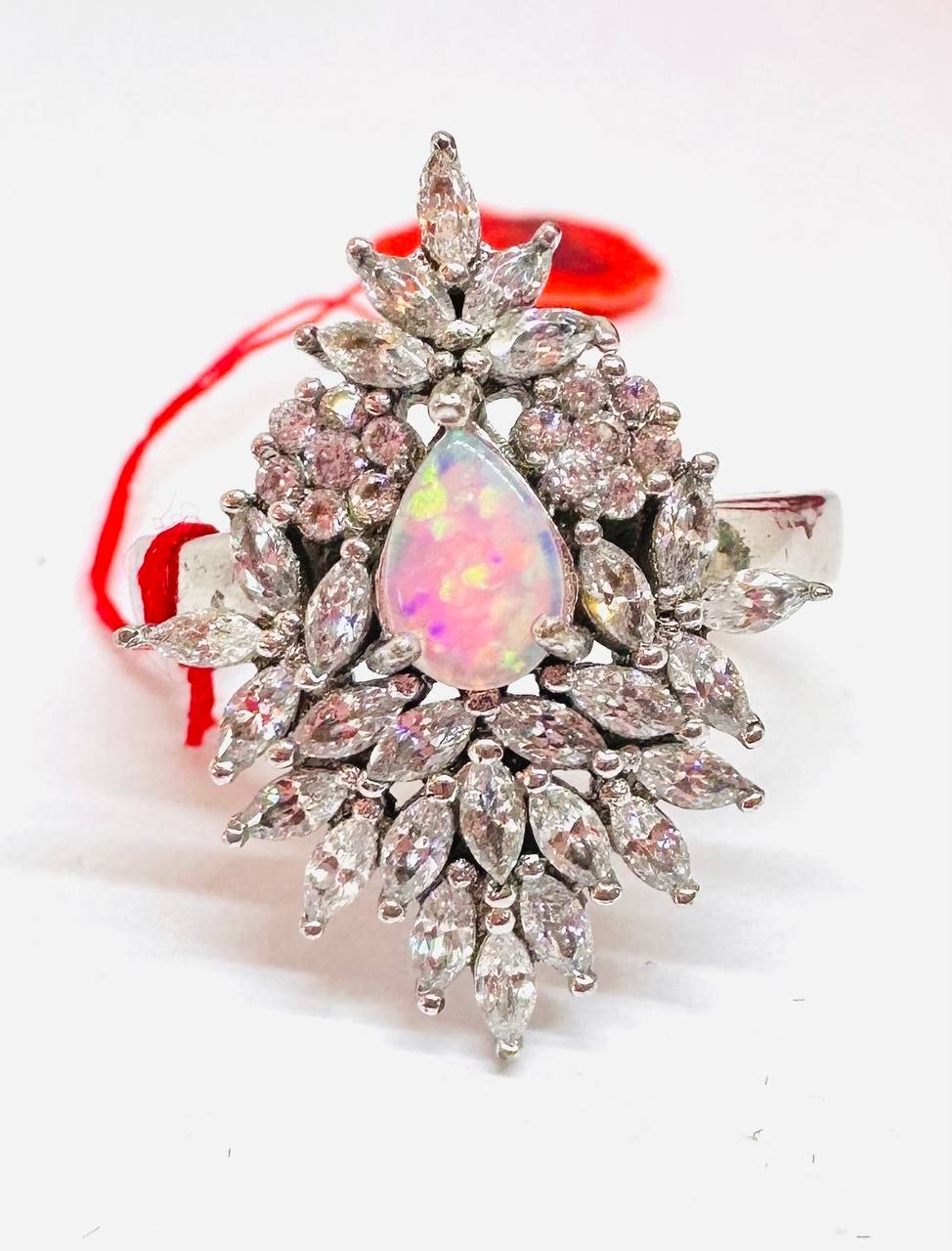 925 Sterling Silver, White Gold Plated Natural Rainbow Opal Ring with Swiss Diamonds — Handcrafted Premium