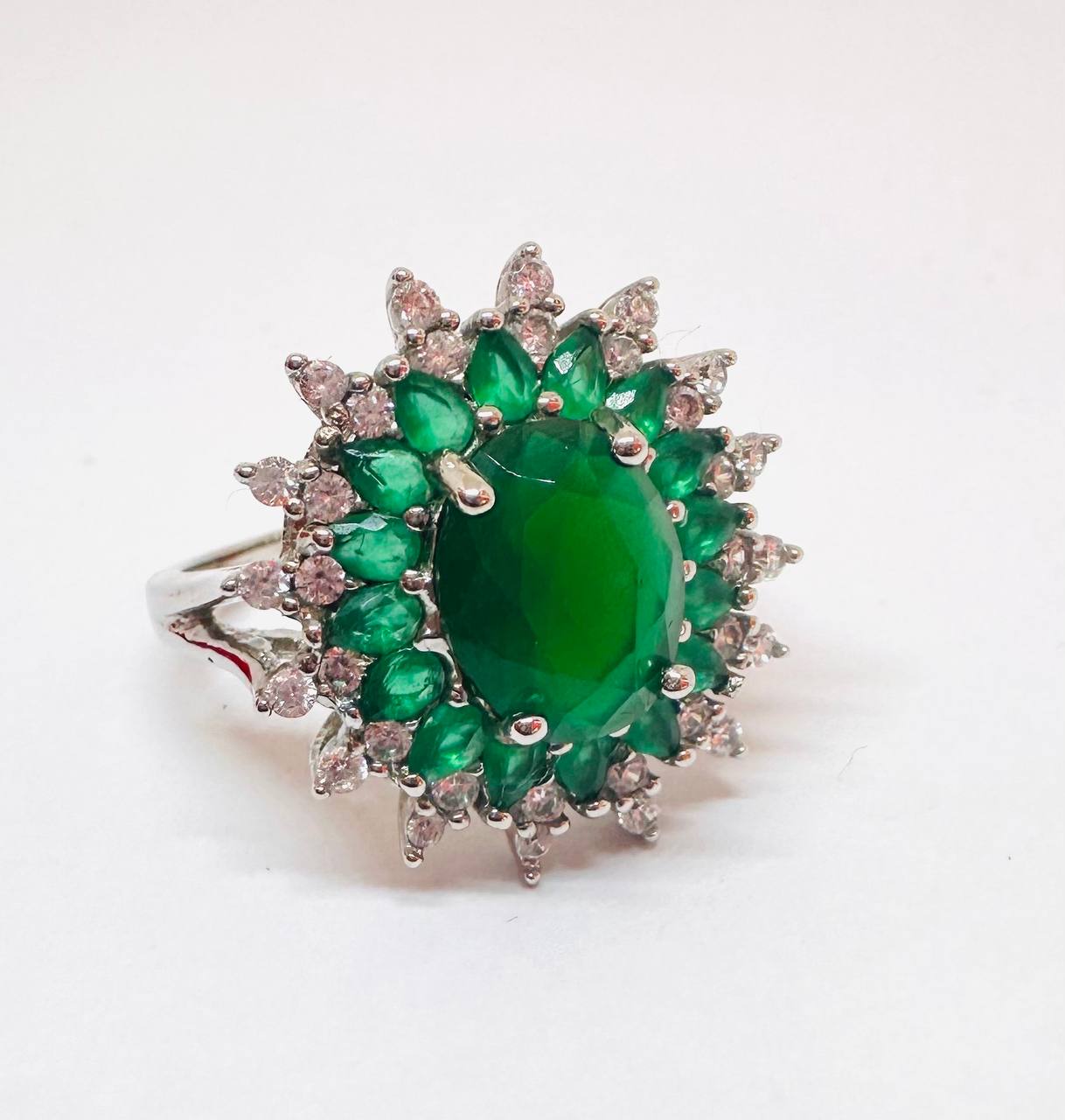 925 Sterling Silver Natural Green Agate Ring with Swiss Diamonds — Handcrafted Premium