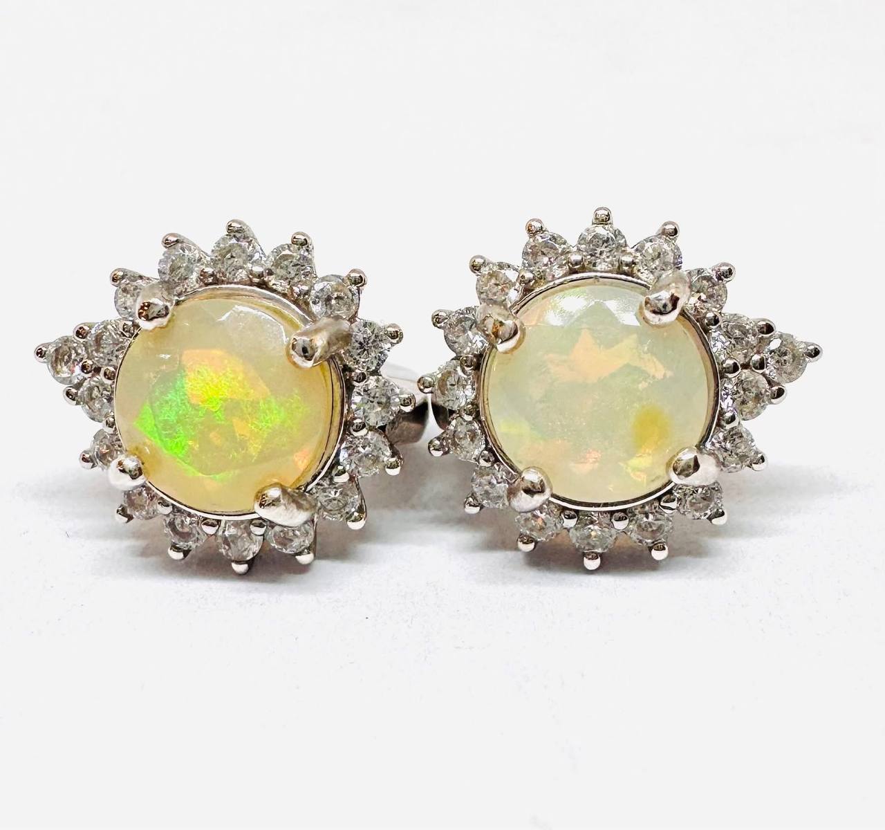 925 Sterling Silver, White Gold Plated Natural Opal Drop Earrings with Swiss Diamonds — Handcrafted