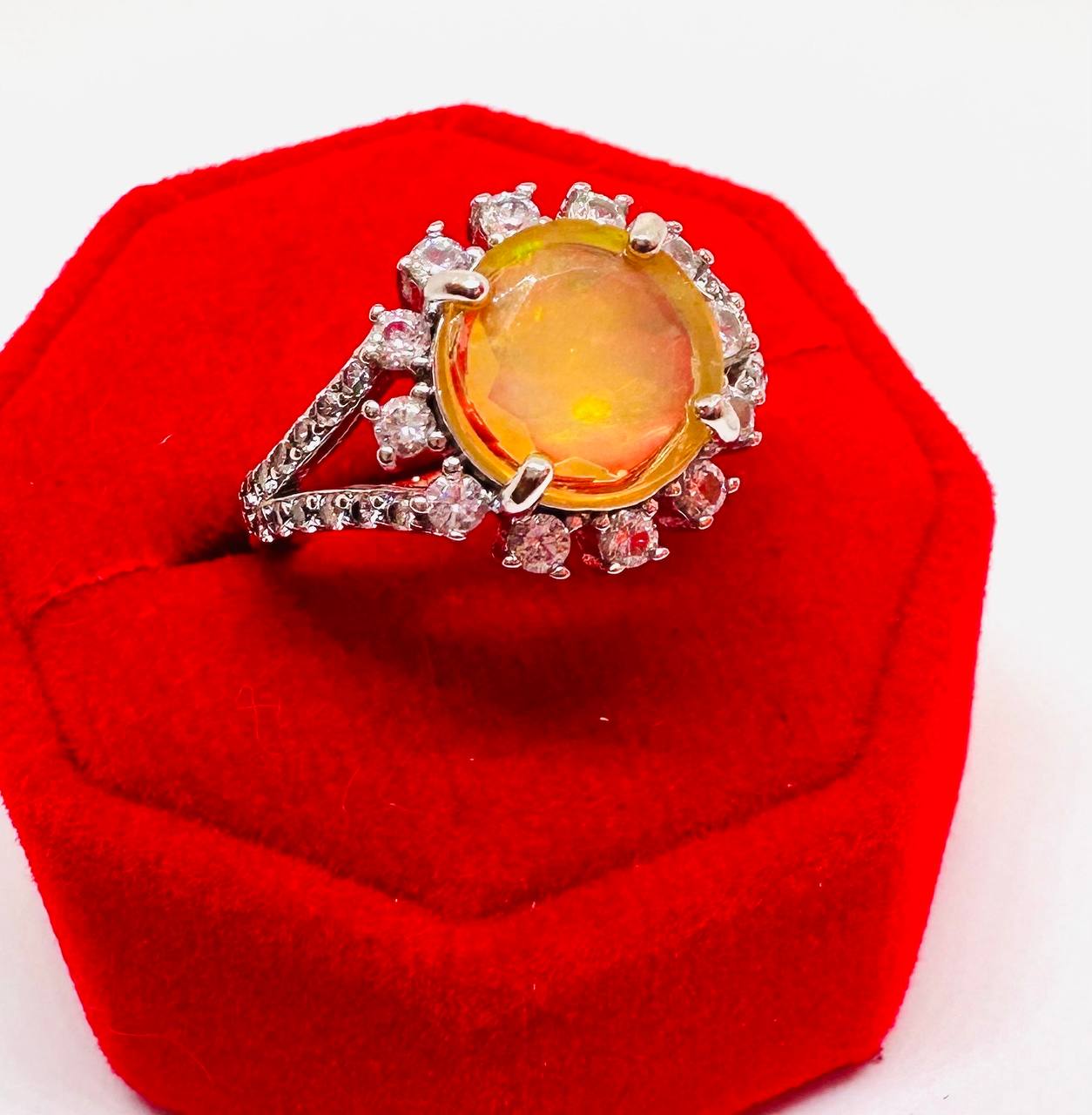 925 Sterling Silver, White Gold Plated Natural Opal Ring with Swiss Diamonds — Handcrafted Premium