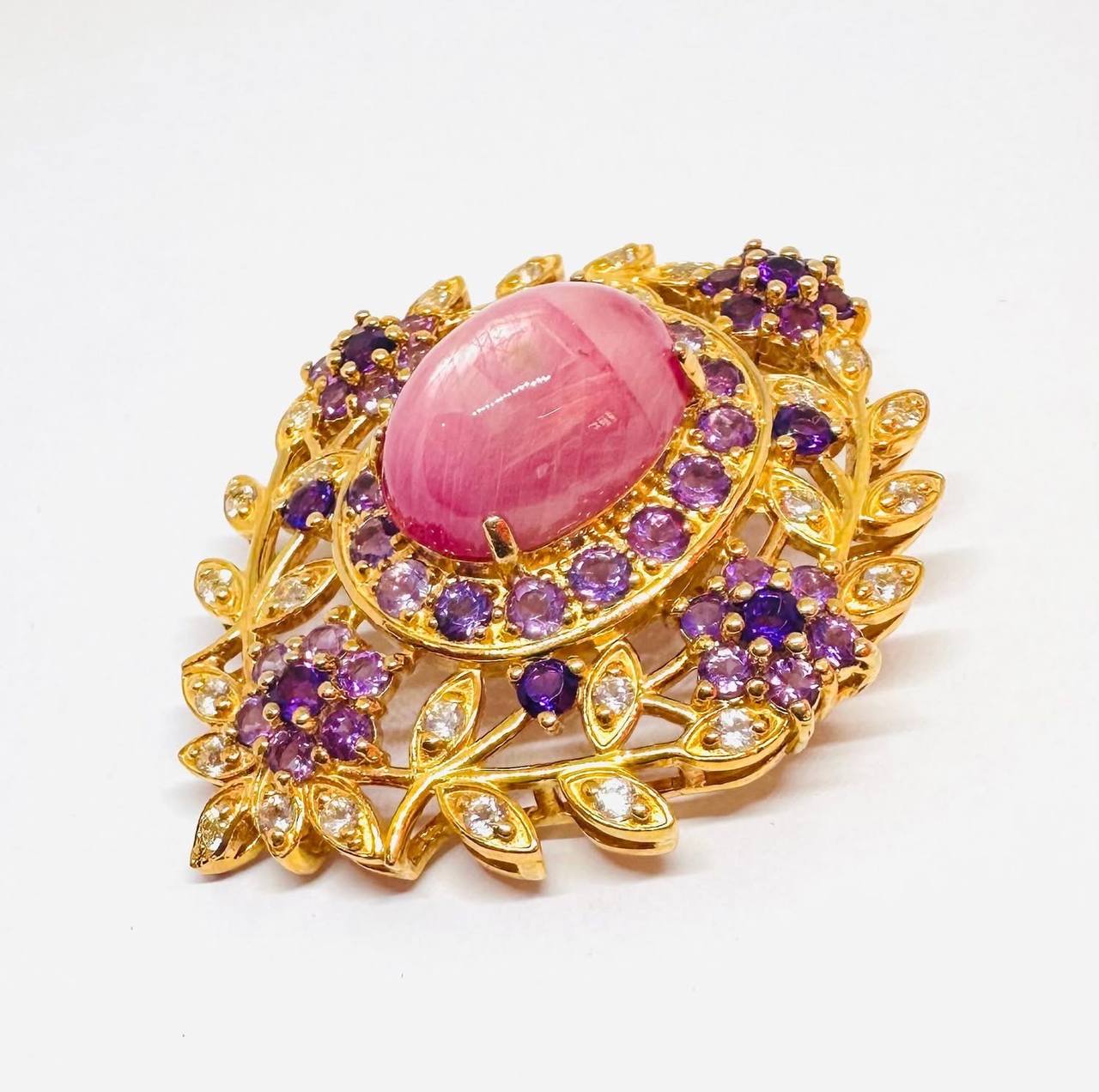 925 Sterling Silver, Gold Plated Natural Ruby Pendant & Brooch — Handcrafted