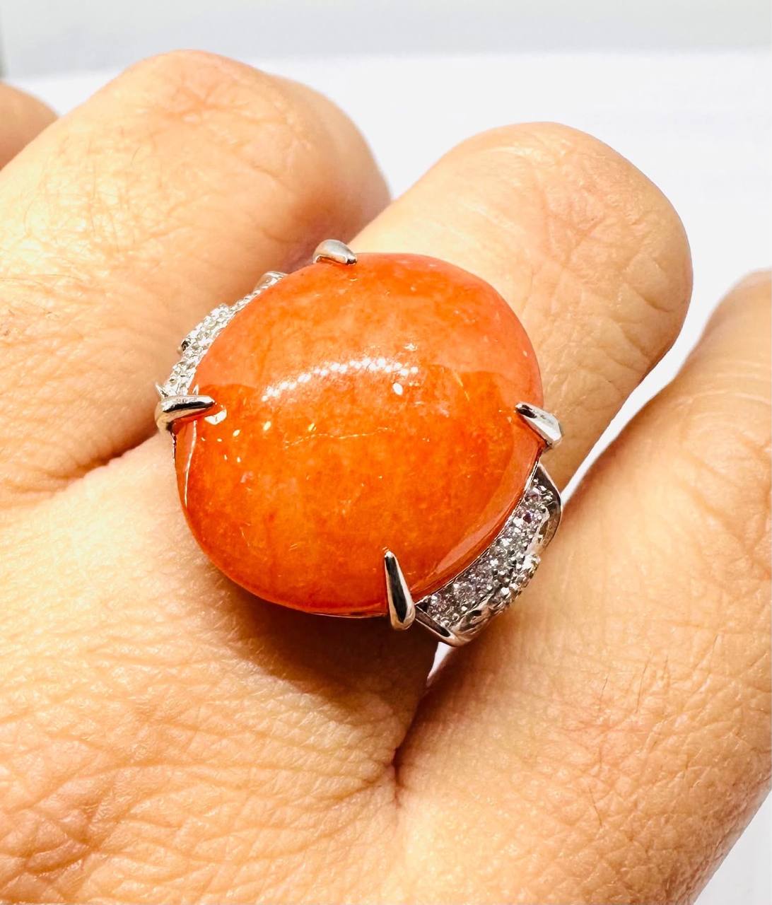 925 Sterling Silver, White Gold Plated Natural Honey Jade Ring with Swiss Diamonds — Handcrafted Premium