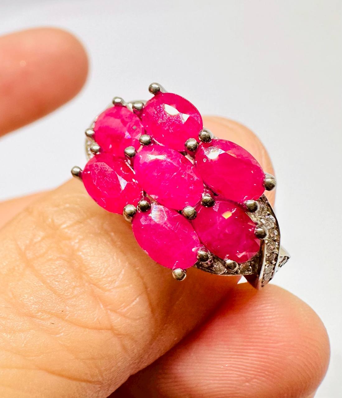 925 Sterling Silver, White Gold Plated Natural Ruby Ring with Swiss Diamonds — Handcrafted Premium