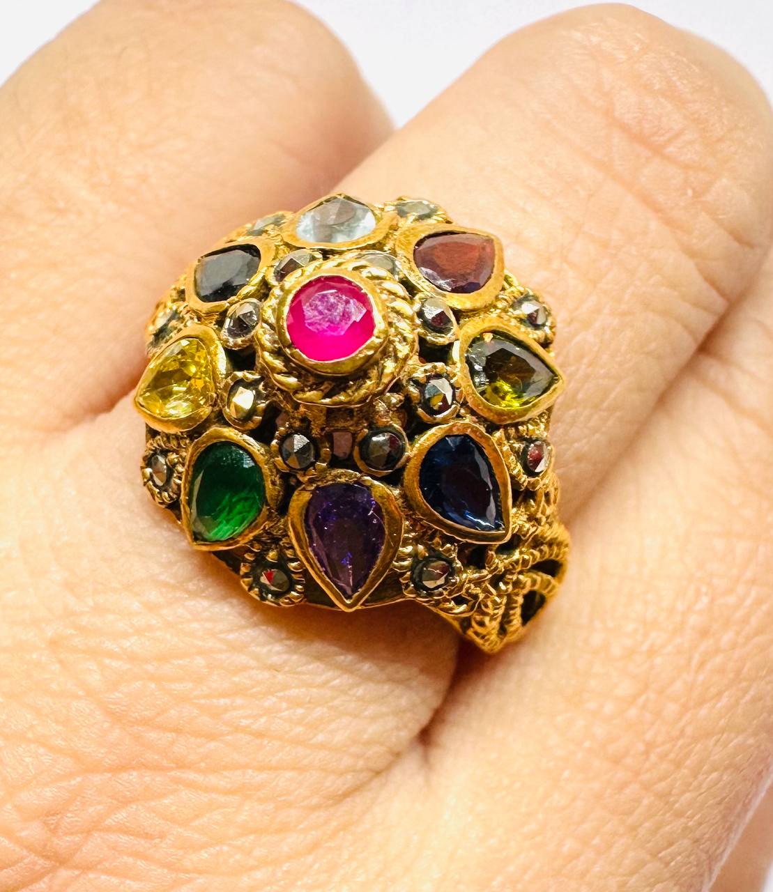 925 Sterling Silver, Gold Plated Noppakao Nine Sacred Gems Ring with Swiss Diamonds — Handcrafted Premium