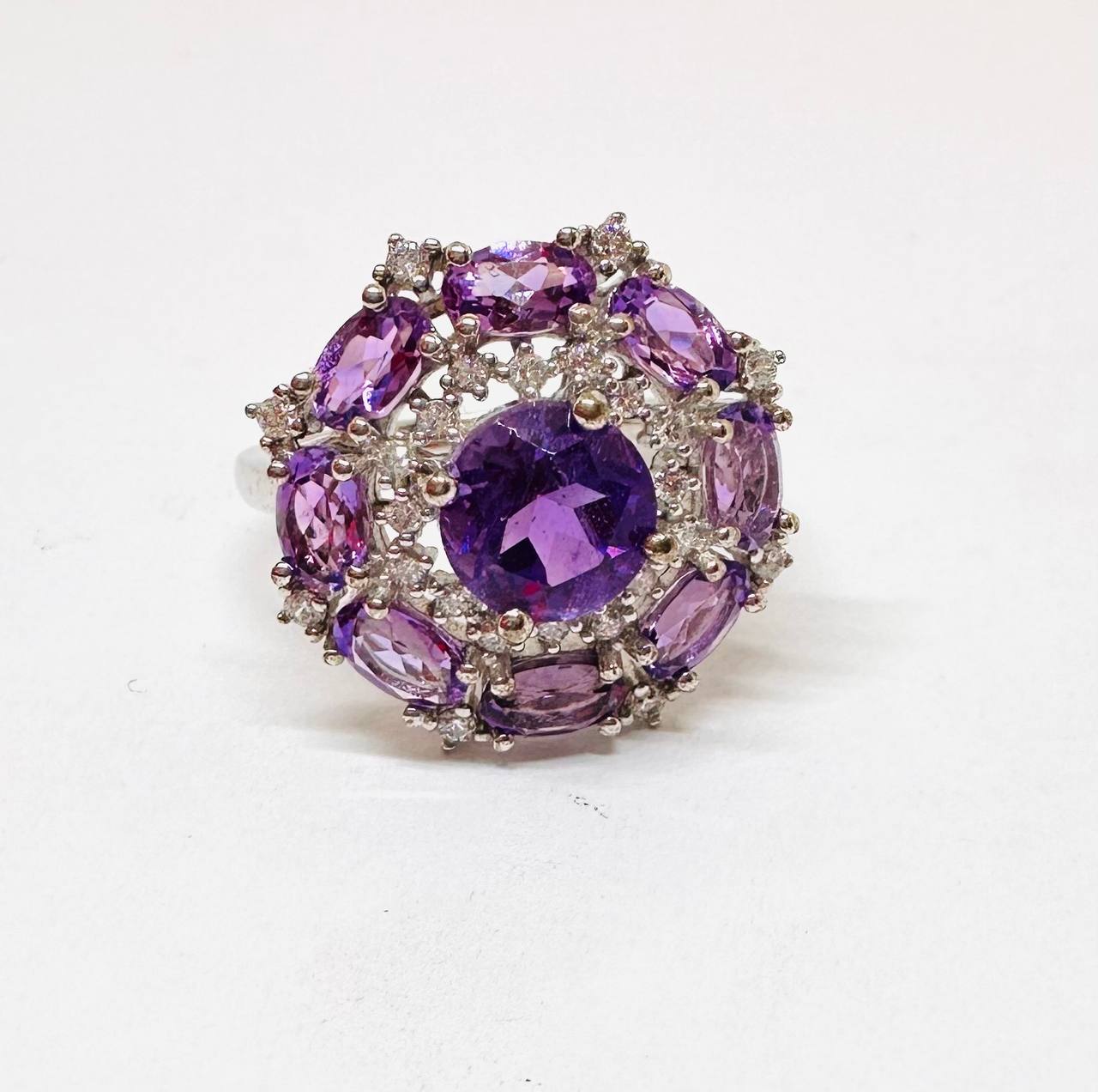 925 Sterling Silver, White Gold Plated Natural Amethyst Ring with Swiss Diamonds — Handcrafted Premium