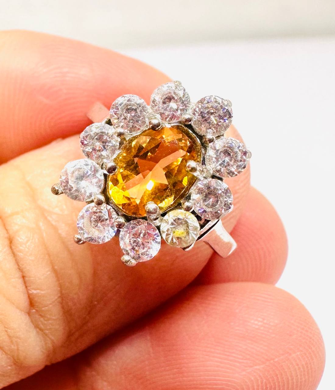 925 Sterling Silver, White Gold Plated Natural Citrine Ring with Swiss Diamonds — Handcrafted Premium