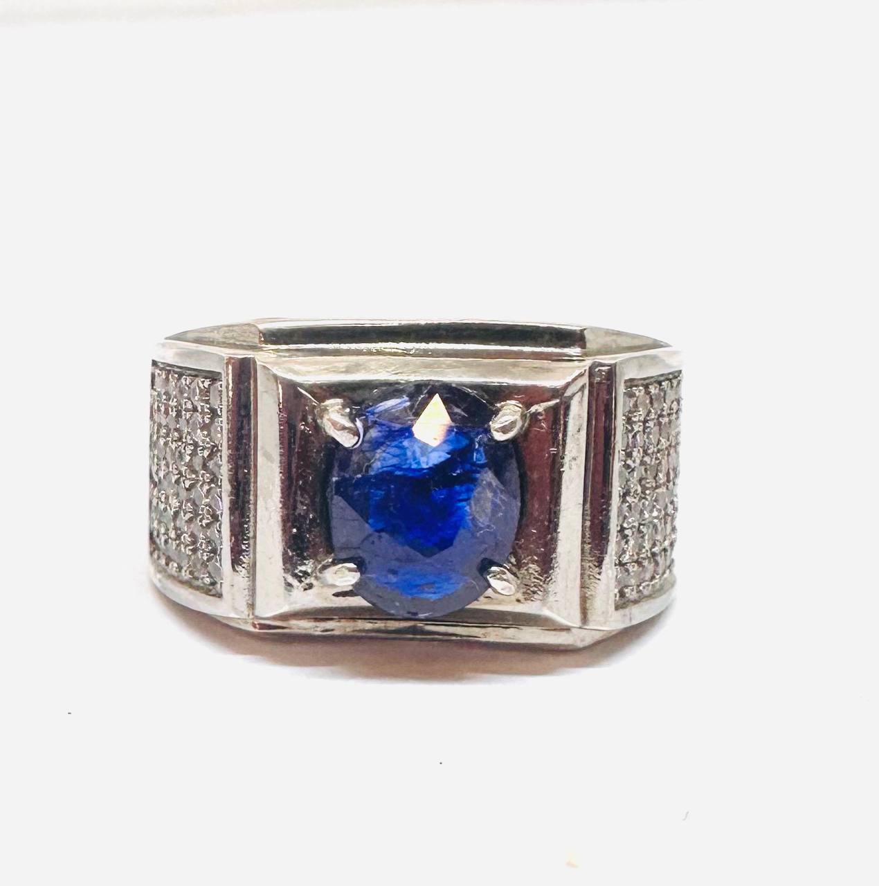 925 Sterling Silver, White Gold Plated Natural Blue Sapphire Ring with Swiss Diamonds — Handcrafted Premium