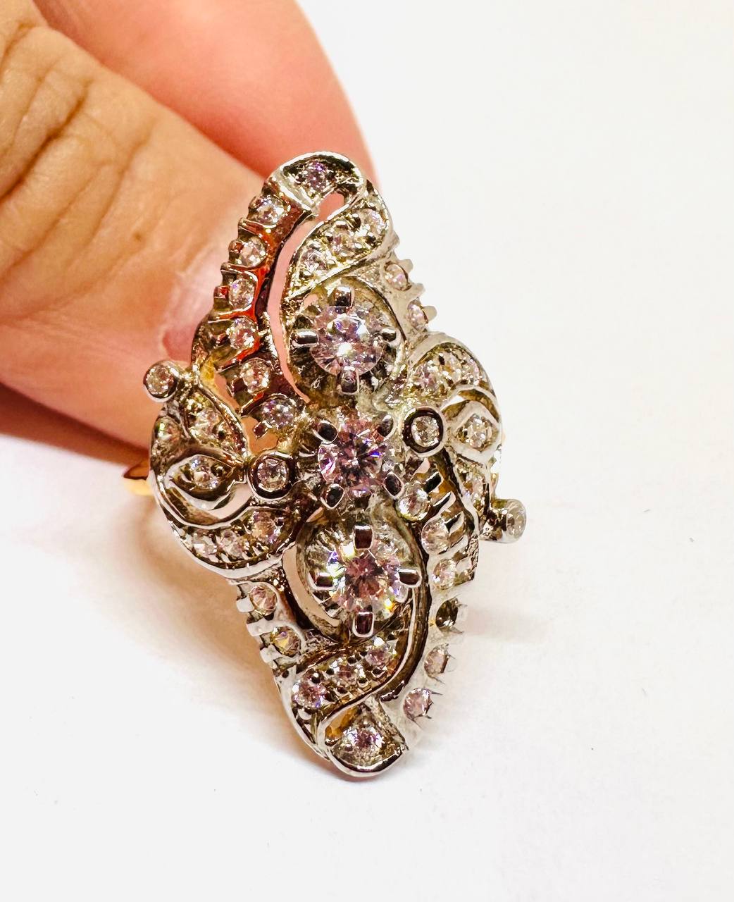 9K Gold Marquise Vintage Natural White Stone Ring with White Zircon Halo