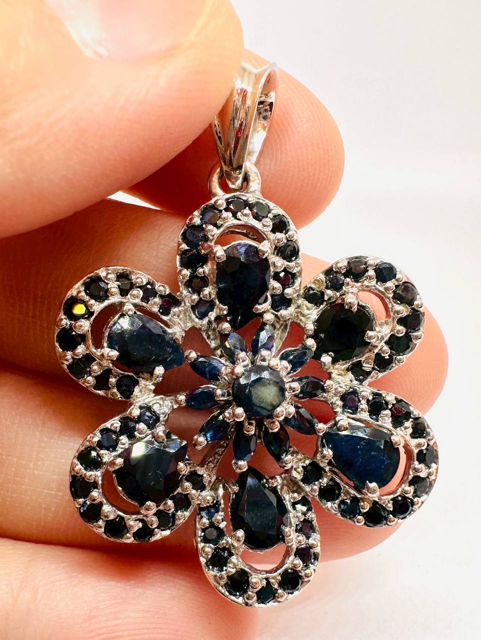 925 Sterling Silver, White Gold Plated Natural Raw Sapphire Pendant — Handcrafted
