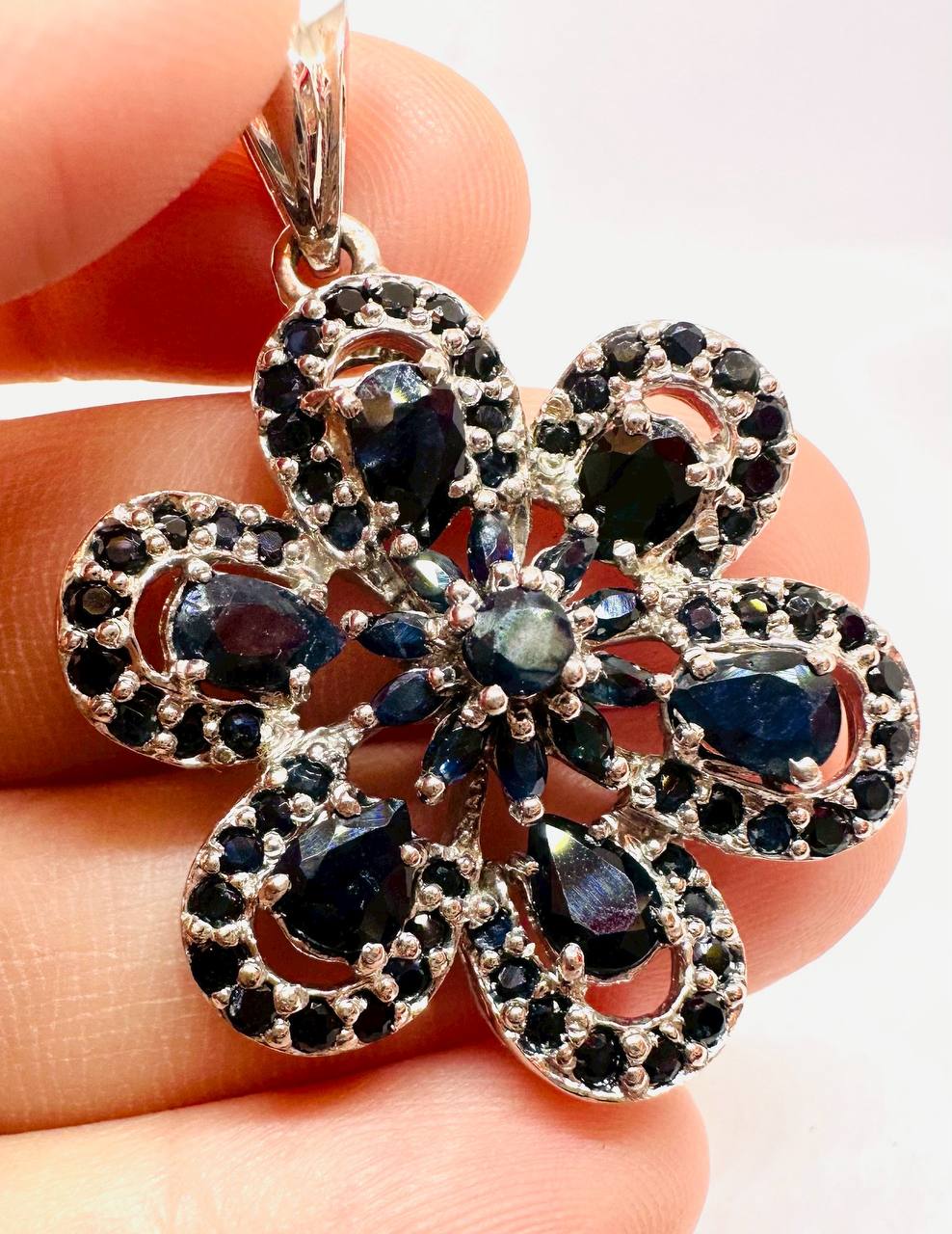 925 Sterling Silver, White Gold Plated Natural Raw Sapphire Pendant — Handcrafted 4