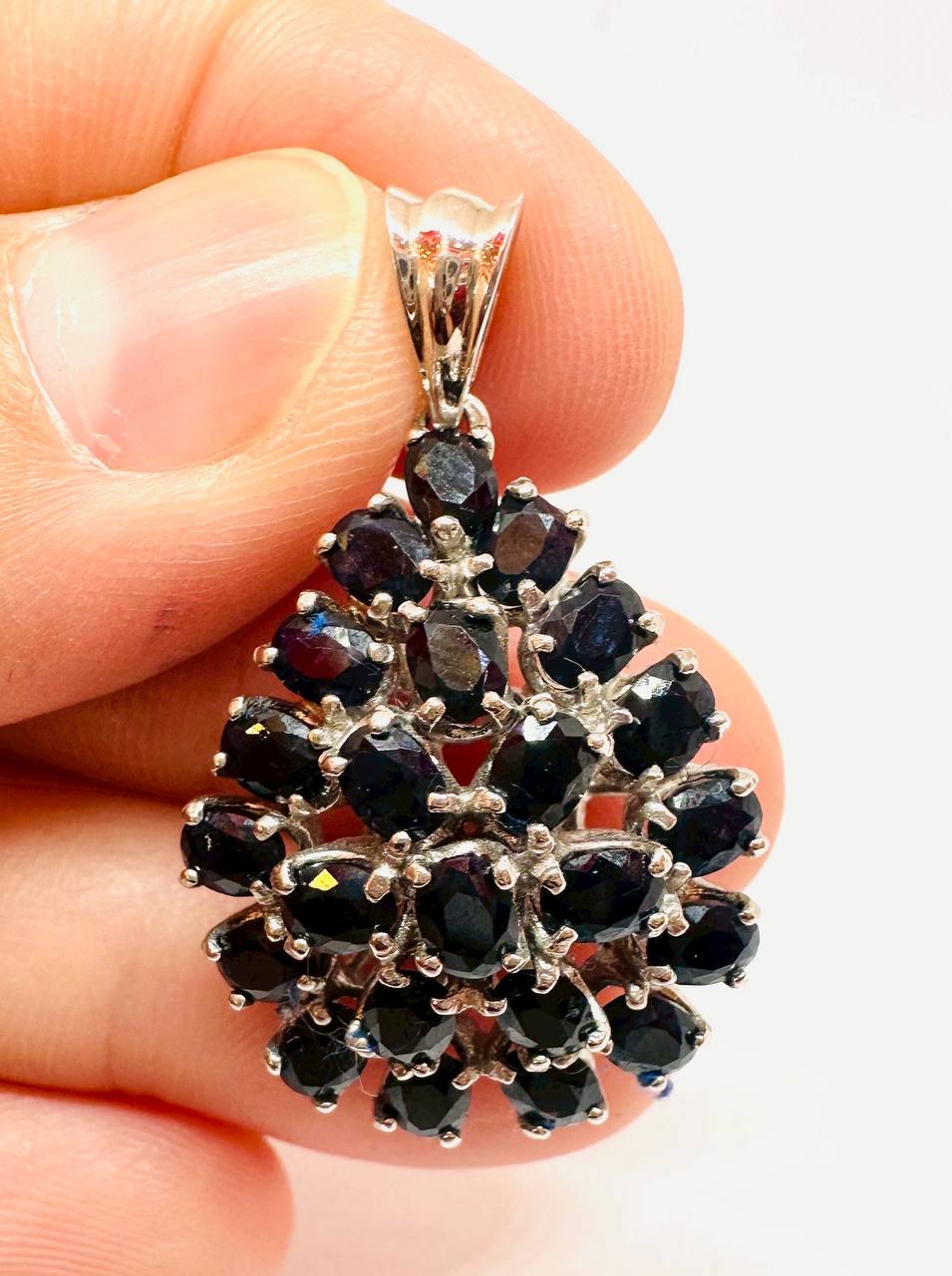 925 Sterling Silver, White Gold Plated Natural Raw Teardrop Sapphire Pendant — Handcrafted