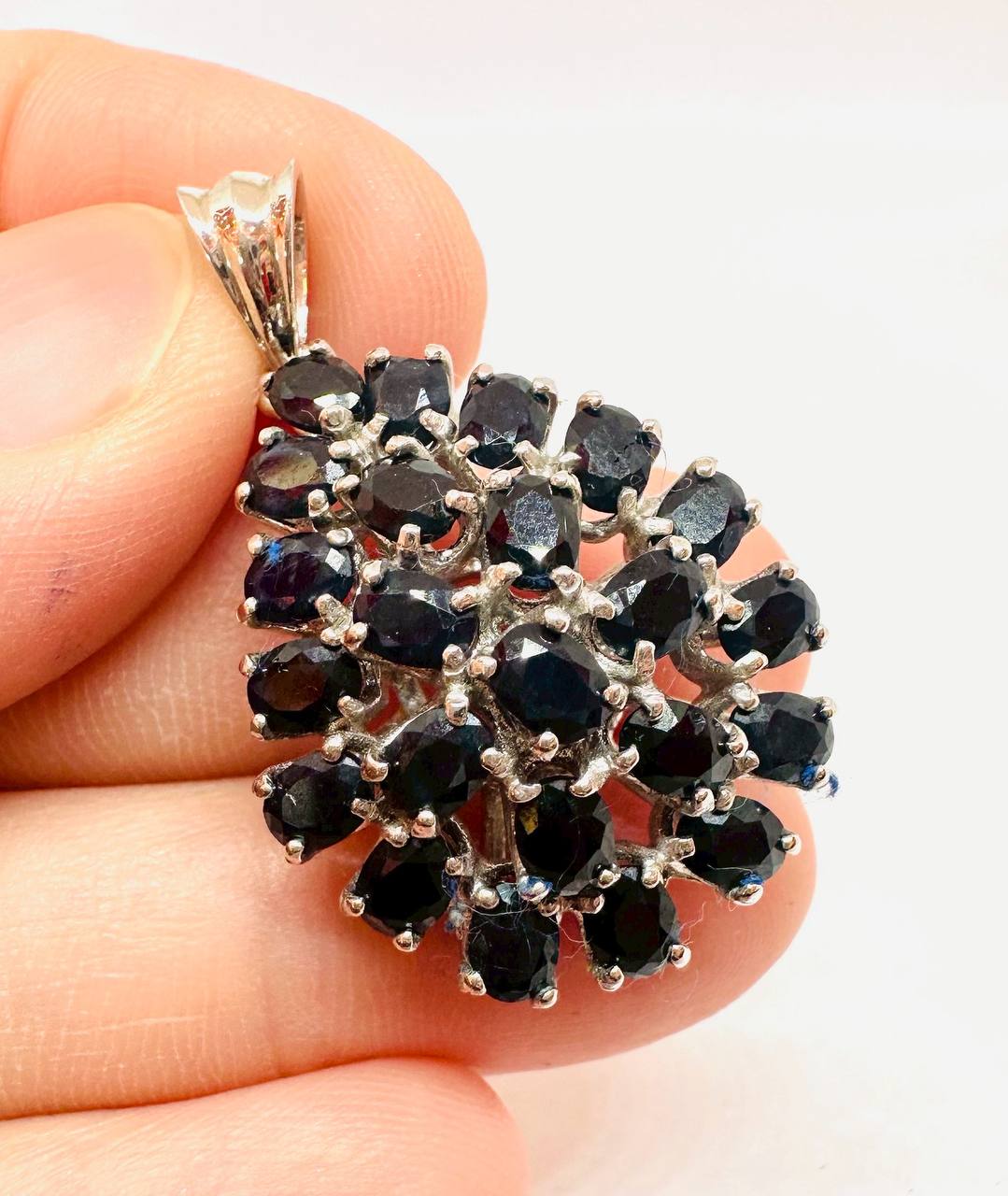 925 Sterling Silver, White Gold Plated Natural Raw Teardrop Sapphire Pendant — Handcrafted 2