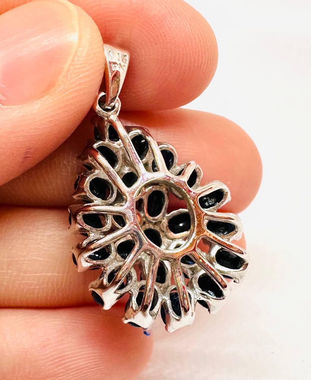 925 Sterling Silver, White Gold Plated Natural Raw Teardrop Sapphire Pendant — Handcrafted 3