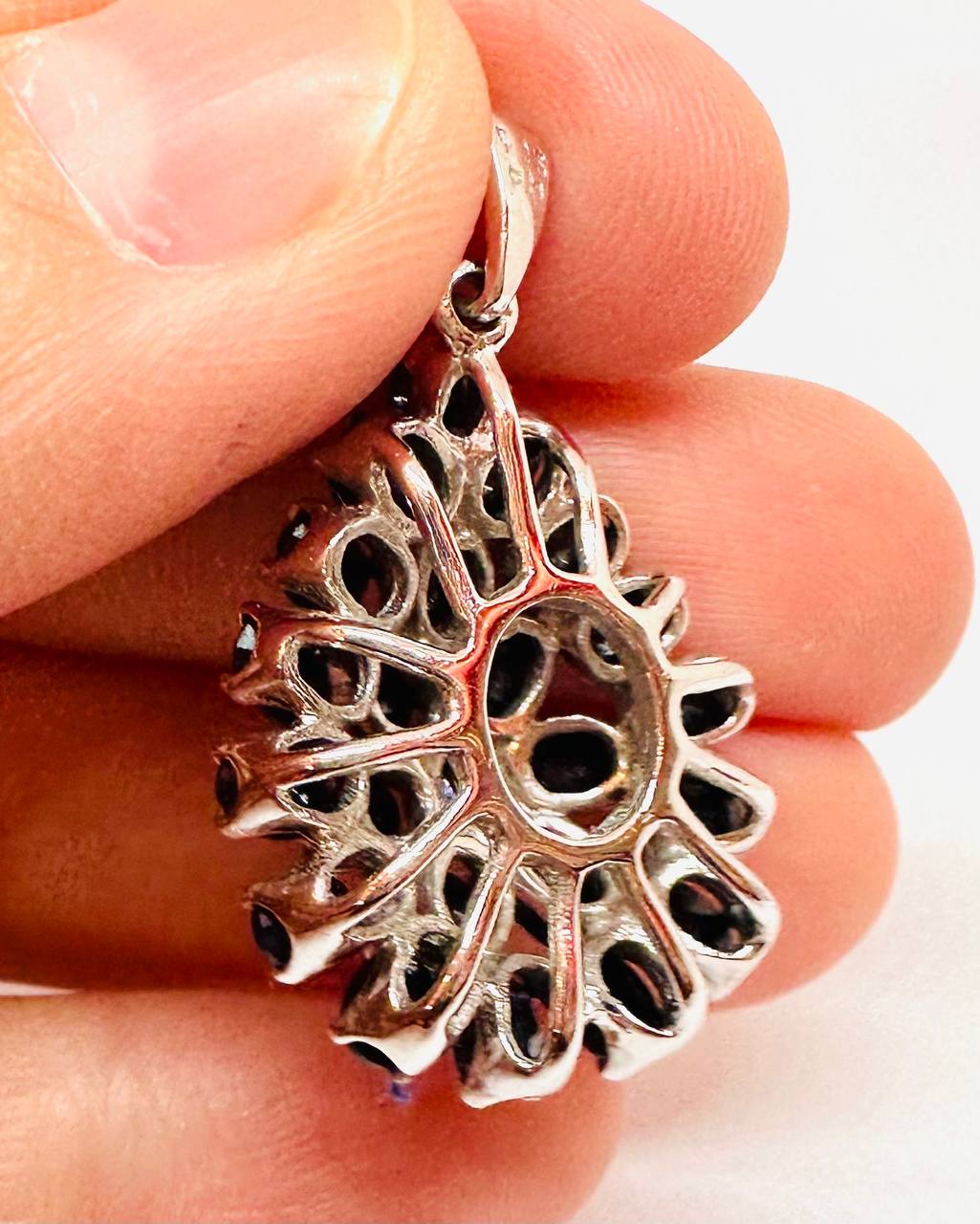 925 Sterling Silver, White Gold Plated Natural Raw Teardrop Sapphire Pendant — Handcrafted 4