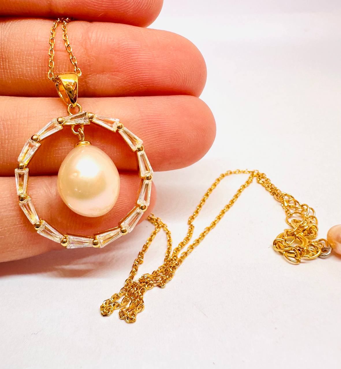 925 Sterling Silver (Stamped), Gold Plated Natural Peacock Pearl Pendant Necklace — Handcrafted