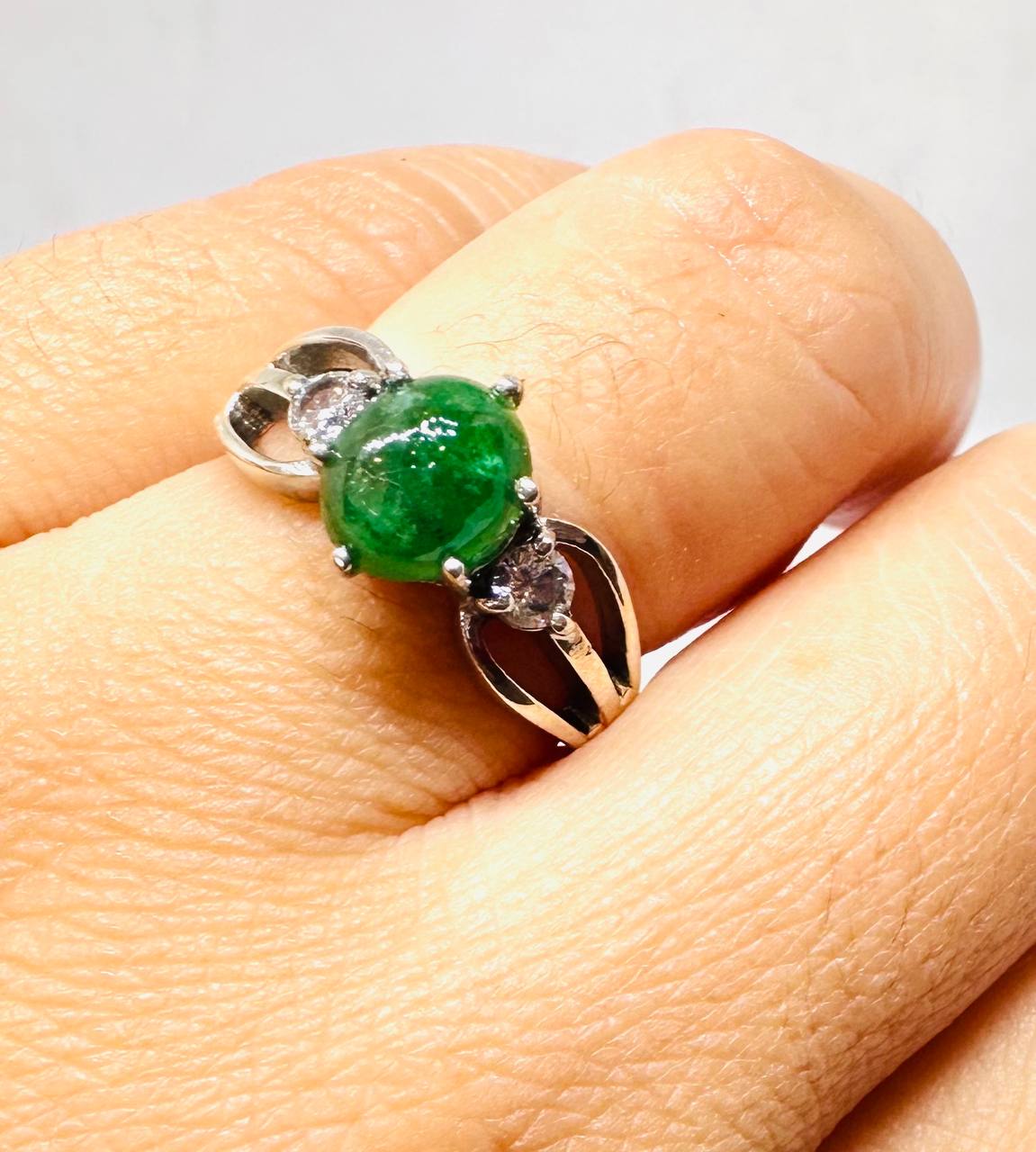925 Sterling Silver, White Gold Plated Natural Zambian Emerald Ring with Swiss Diamonds — Handcrafted