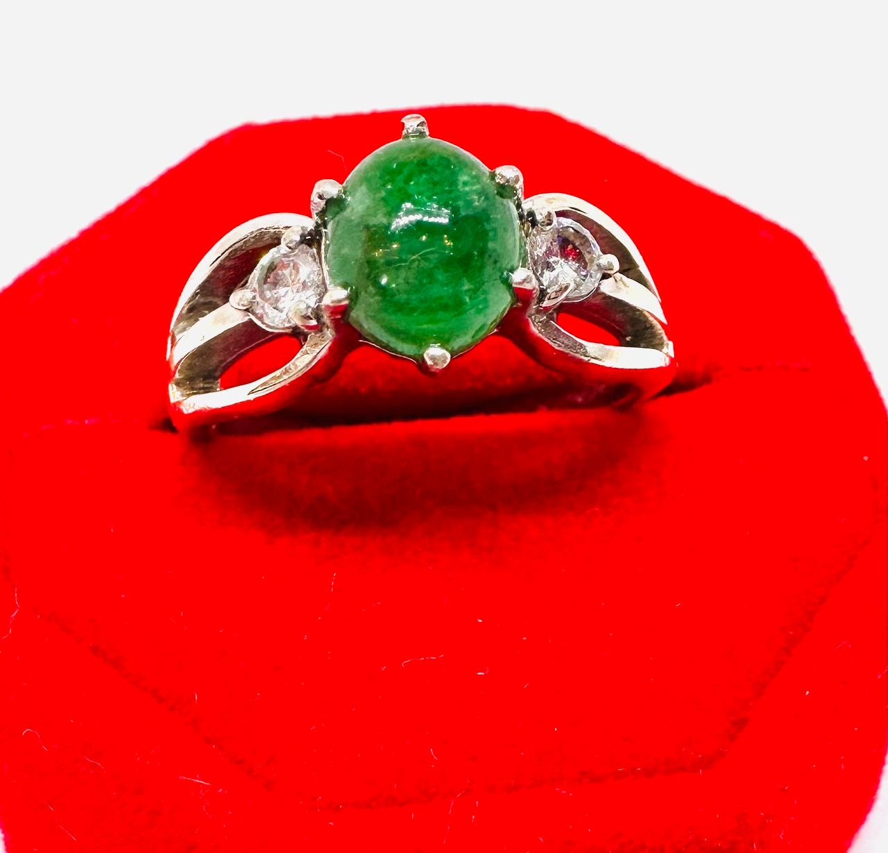 925 Sterling Silver, White Gold Plated Natural Zambian Emerald Ring with Swiss Diamonds — Handcrafted 2