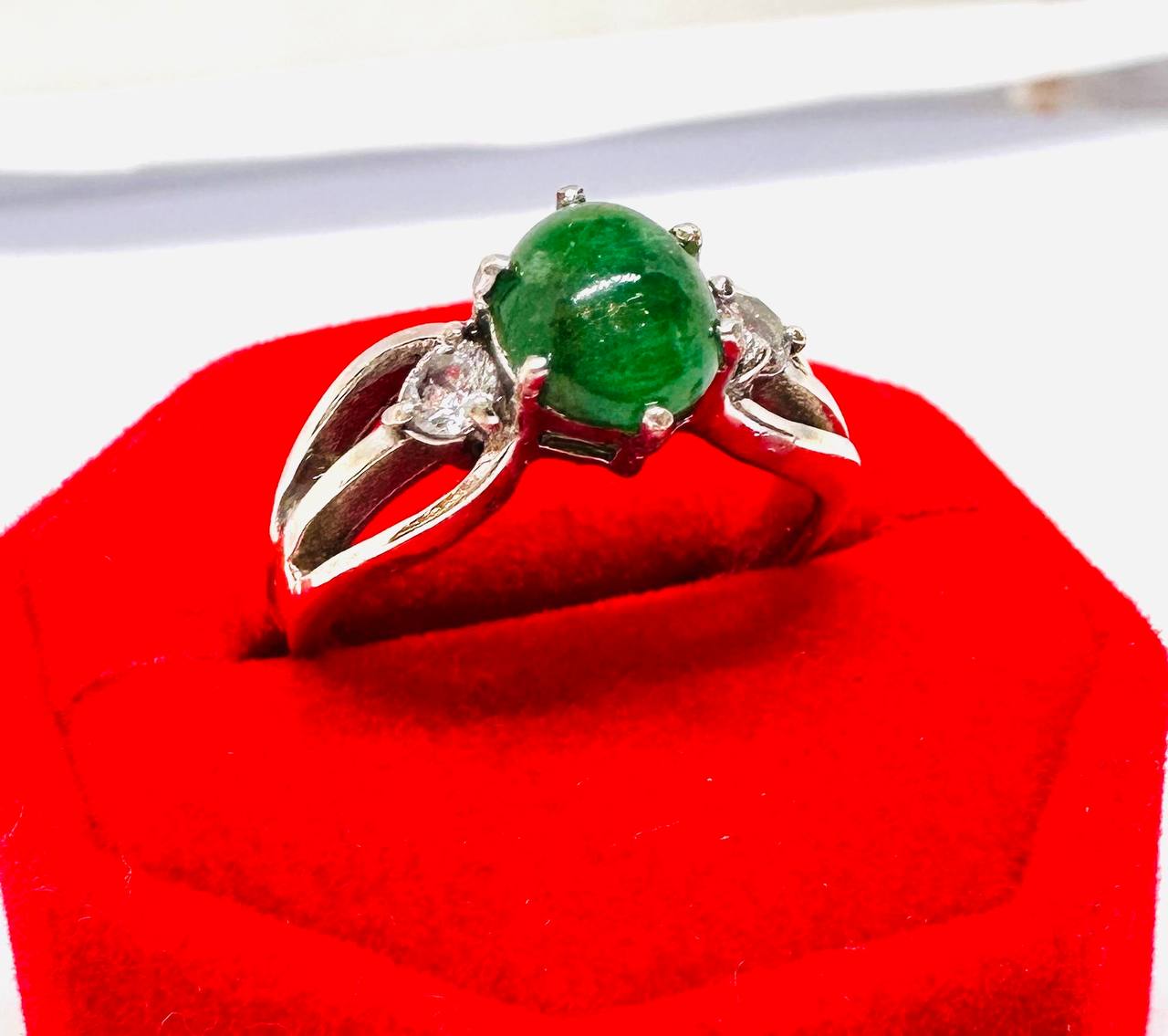 925 Sterling Silver, White Gold Plated Natural Zambian Emerald Ring with Swiss Diamonds — Handcrafted 3