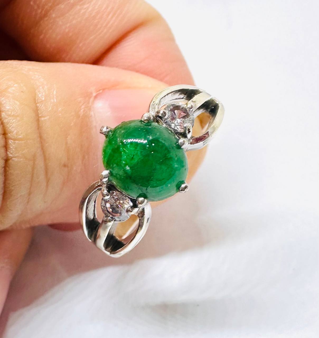 925 Sterling Silver, White Gold Plated Natural Zambian Emerald Ring with Swiss Diamonds — Handcrafted 4