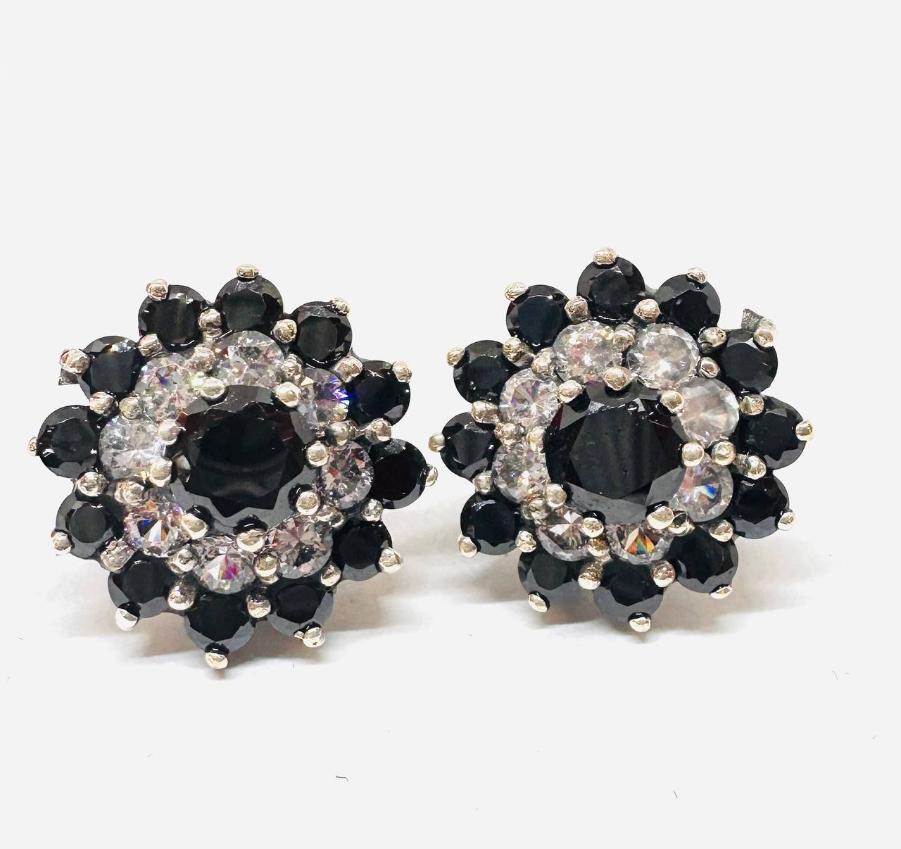925 Sterling Silver, White Gold Plated Natural Onyx Drop Earrings with Swiss Diamonds — Handcrafted