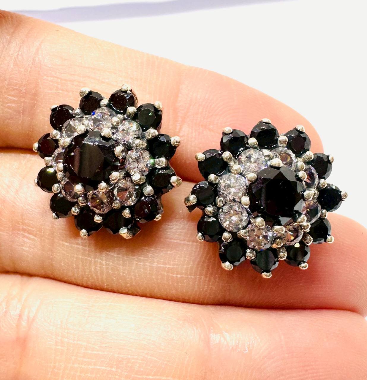 925 Sterling Silver, White Gold Plated Natural Onyx Drop Earrings with Swiss Diamonds — Handcrafted 4