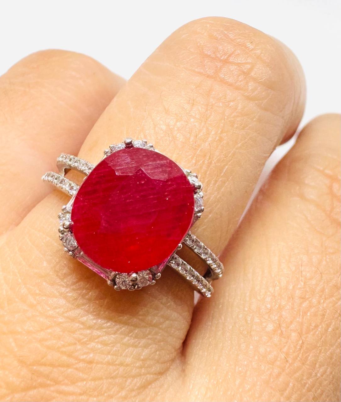 925 Sterling Silver Natural Faceted Ruby Ring with Swiss Diamonds — Handcrafted