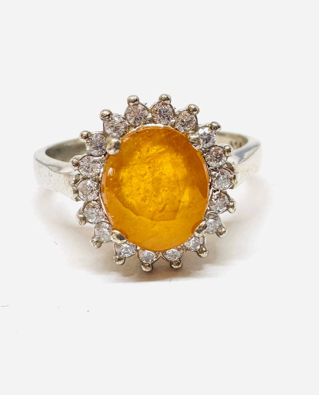 925 Sterling Silver (Stamped), White Gold Plated Natural Yellow Sapphire Ring with Swiss Diamonds — Handcrafted